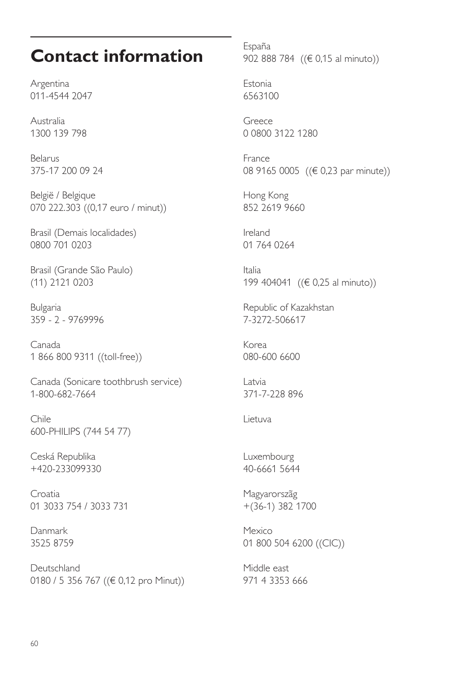 Contact info, Contact information | Philips WP3892 User Manual | Page 60 / 64