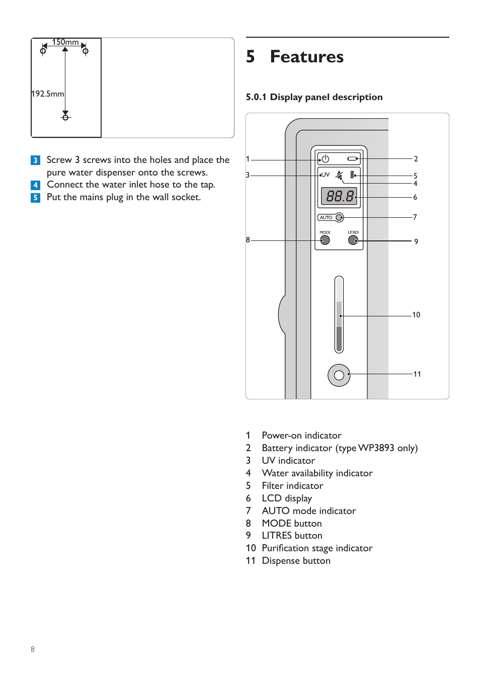 6 using the appliance, 5 features | Philips WP3892 User Manual | Page 8 / 64