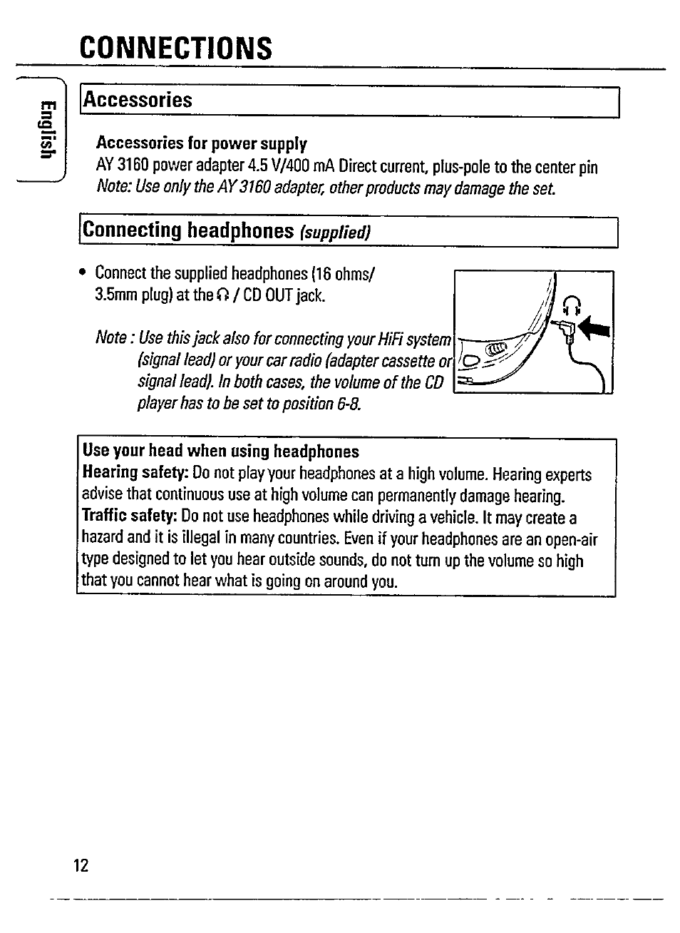 Connections, Accessories, Connecting headphones | Philips Magnavox AZ 7266 User Manual | Page 12 / 32