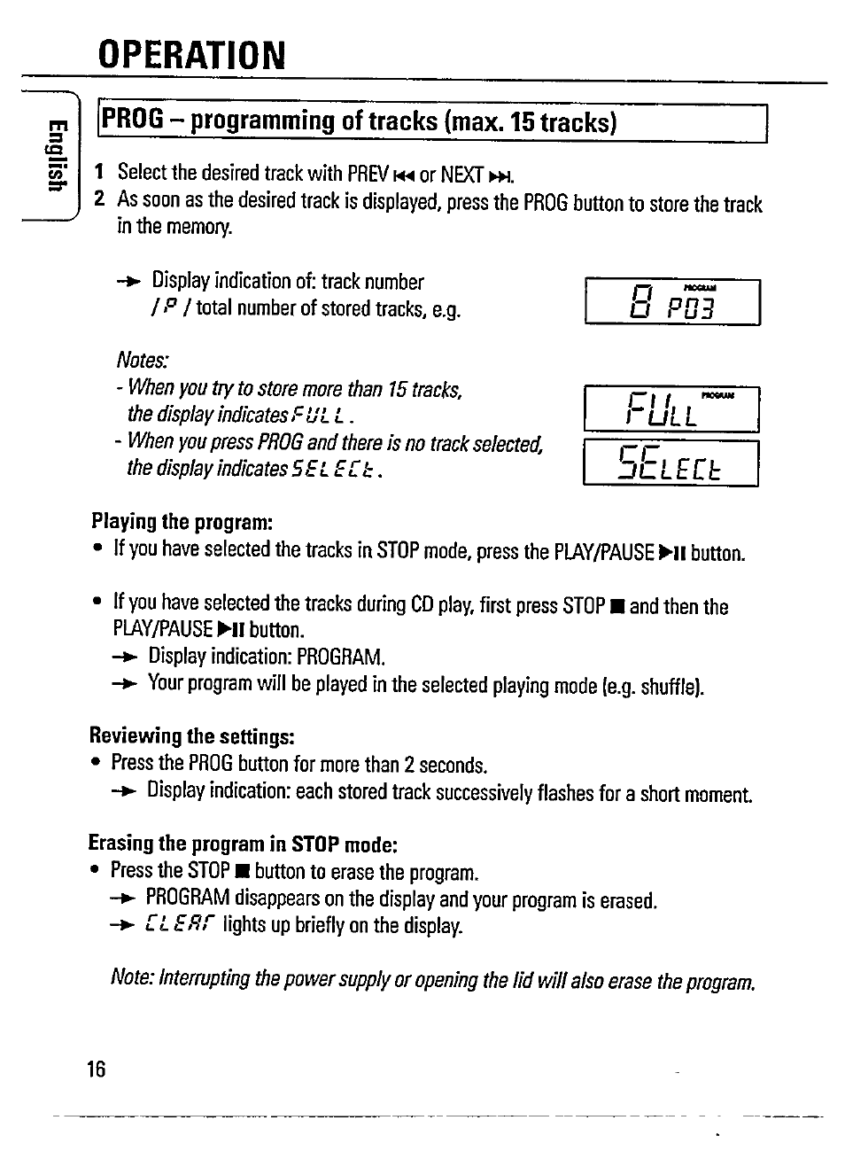 Prog - programming of tracks (max. 15 tracks), Operation, Otlecl | Lecl | Philips Magnavox AZ 7266 User Manual | Page 16 / 32