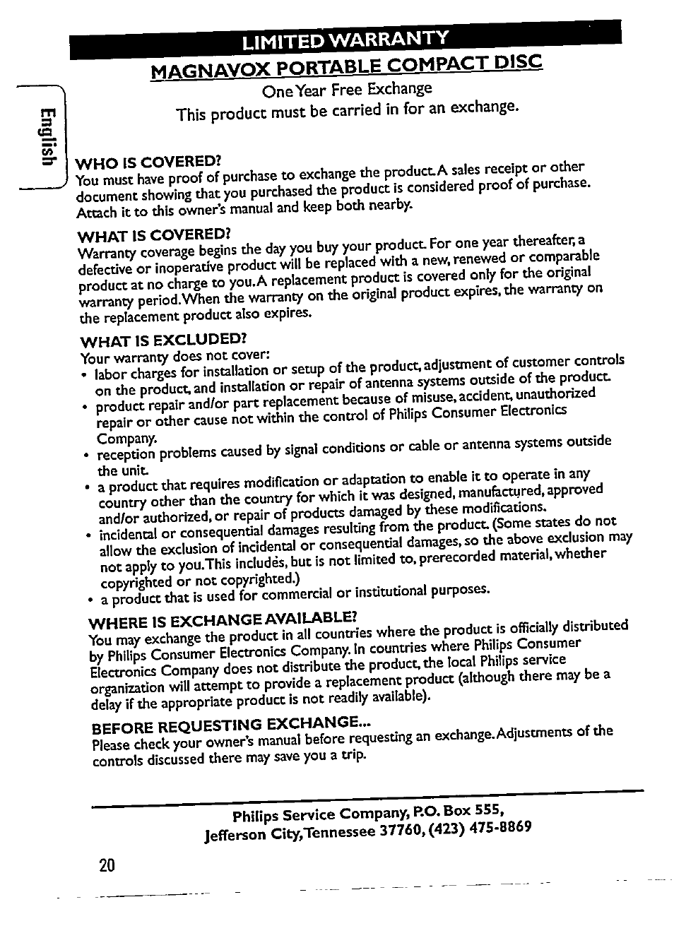 Limited warranty | Philips Magnavox AZ 7266 User Manual | Page 20 / 32