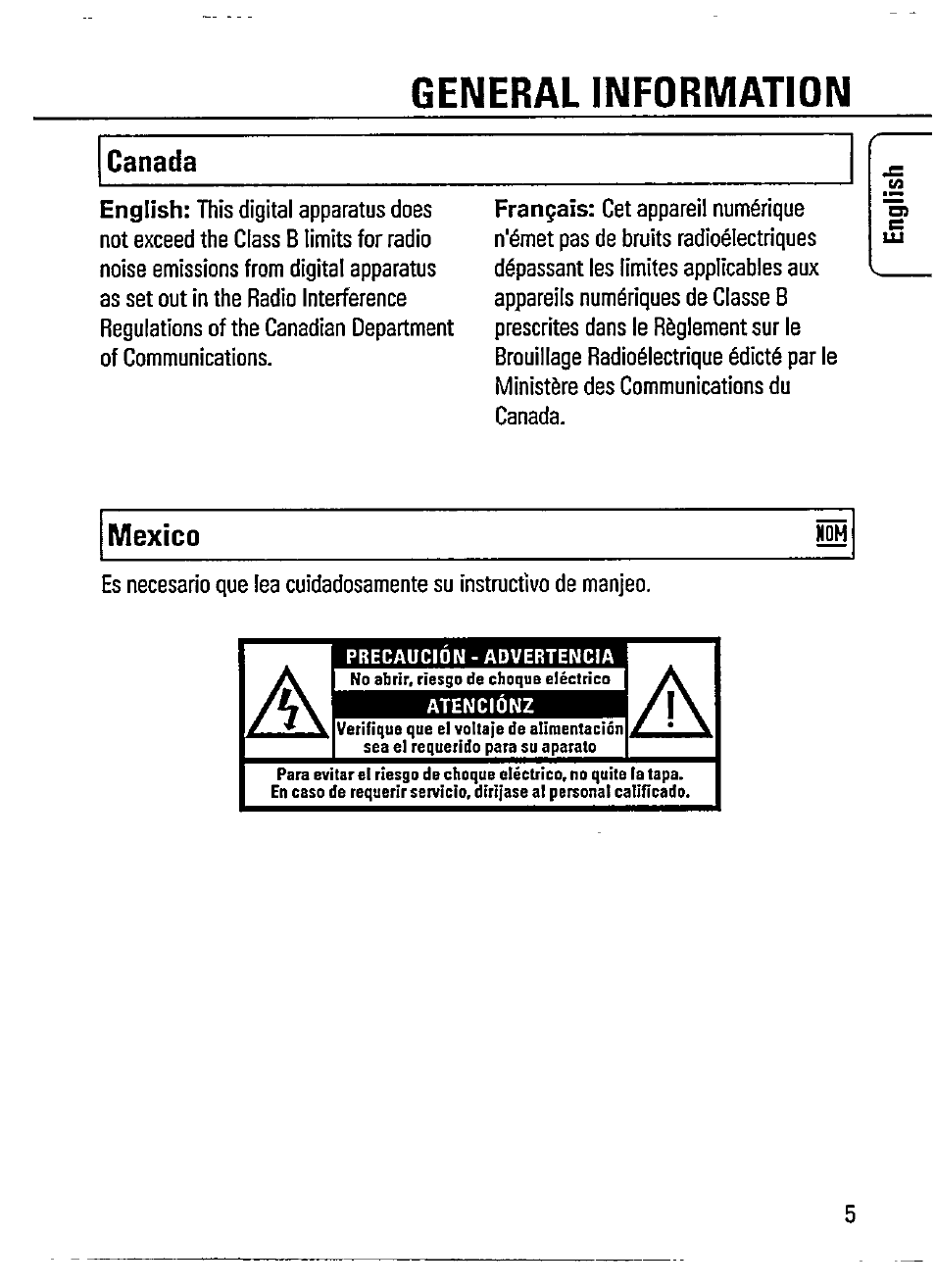 General information, Canada, Mexico hôh | Precaucion - advertencia | Philips Magnavox AZ 7266 User Manual | Page 5 / 32