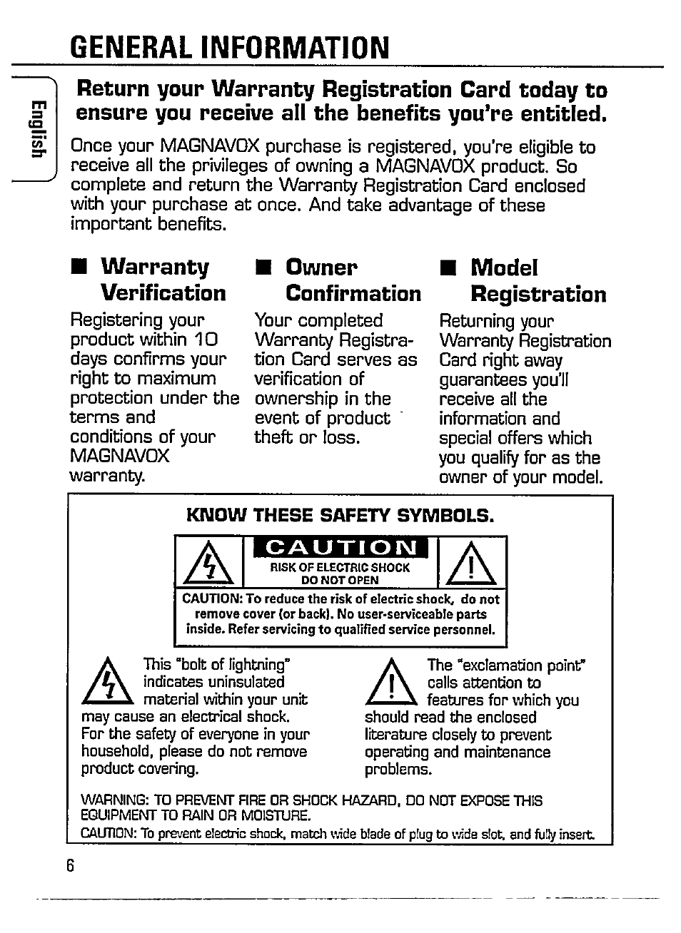 Warranty verification, Owner confirmation, Model registration | General information | Philips Magnavox AZ 7266 User Manual | Page 6 / 32