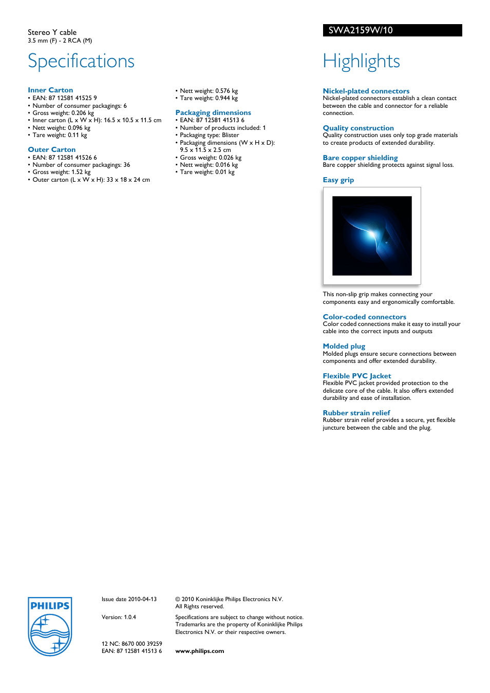 Specifications, Highlights, Philips | Philips SWA2159W/10 User Manual | Page 2 / 2