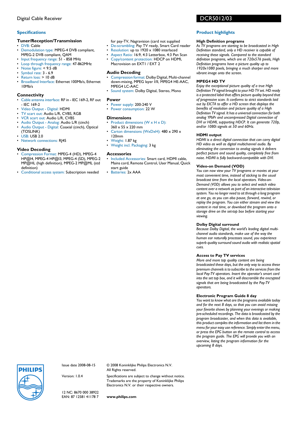 Philips DCR5012 User Manual | Page 2 / 2