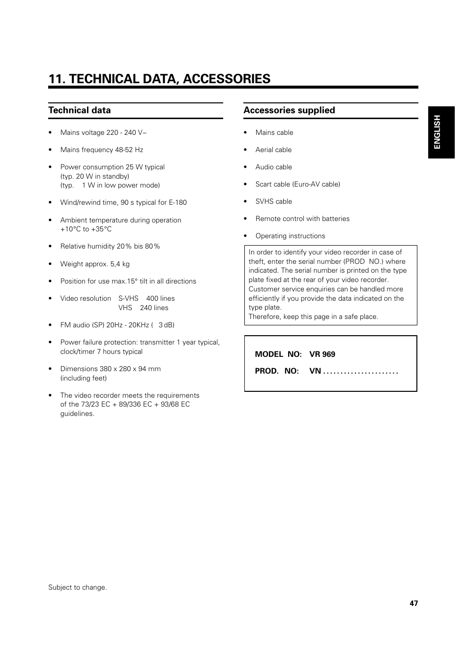 Technical data, accessories, Technical data, Accessories supplied | Philips VR 969/02 User Manual | Page 47 / 48