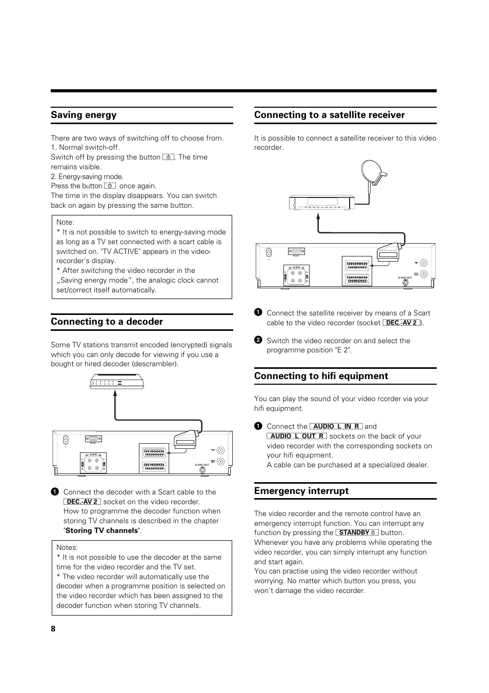 Connecting to a satellite receiver, Connecting to hifi equipment, Emergency interrupt | Saving energy, Connecting to a decoder | Philips VR 969/02 User Manual | Page 8 / 48