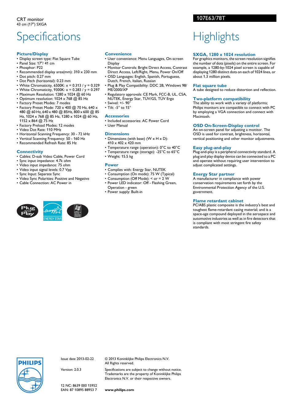 Specifications, Highlights | Philips 107E63 User Manual | Page 2 / 2