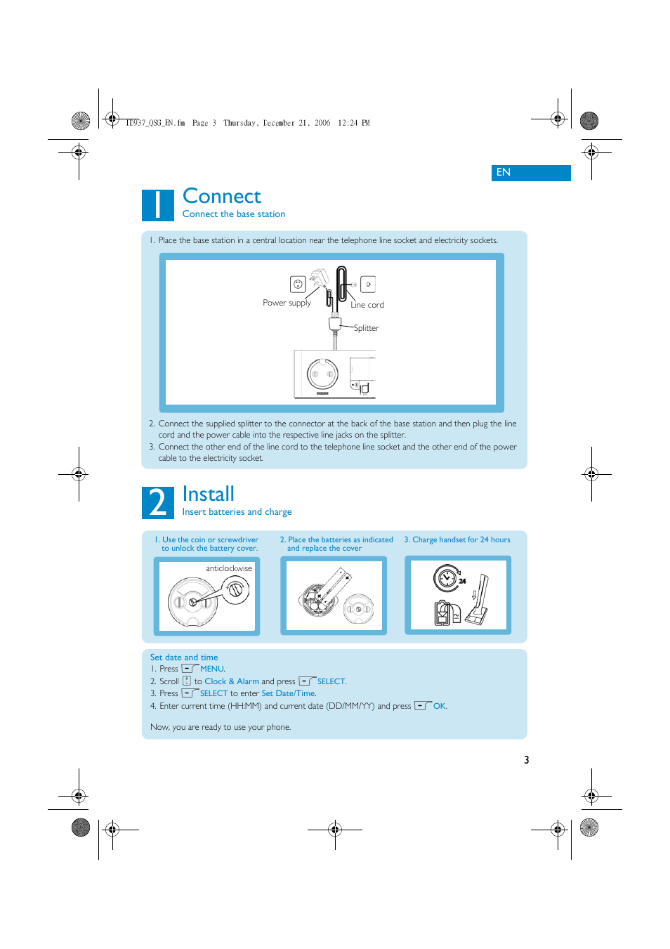 Connect, Install | Philips Cordles Telephone User Manual | Page 3 / 6