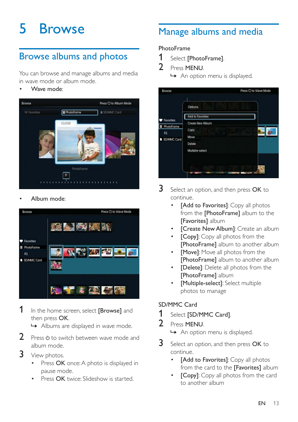 5 browse, Browse albums and photos, Manage albums and media | Philips SPF4608 User Manual | Page 15 / 34