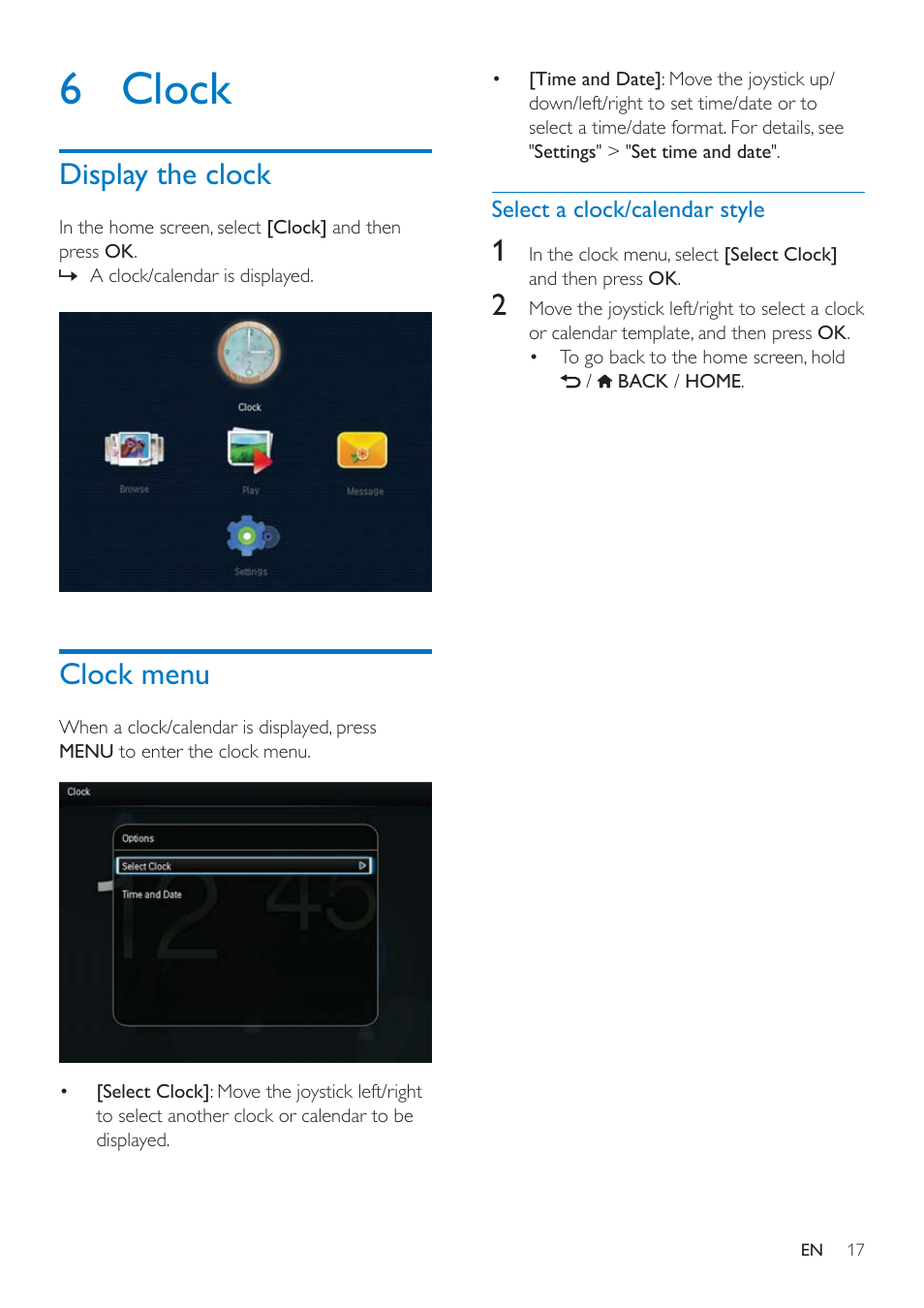 6 clock, Display the clock, Clock menu | Philips SPF4608 User Manual | Page 19 / 34