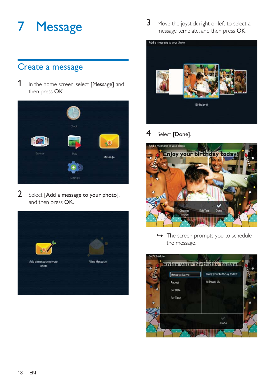 7 message, Create a message | Philips SPF4608 User Manual | Page 20 / 34