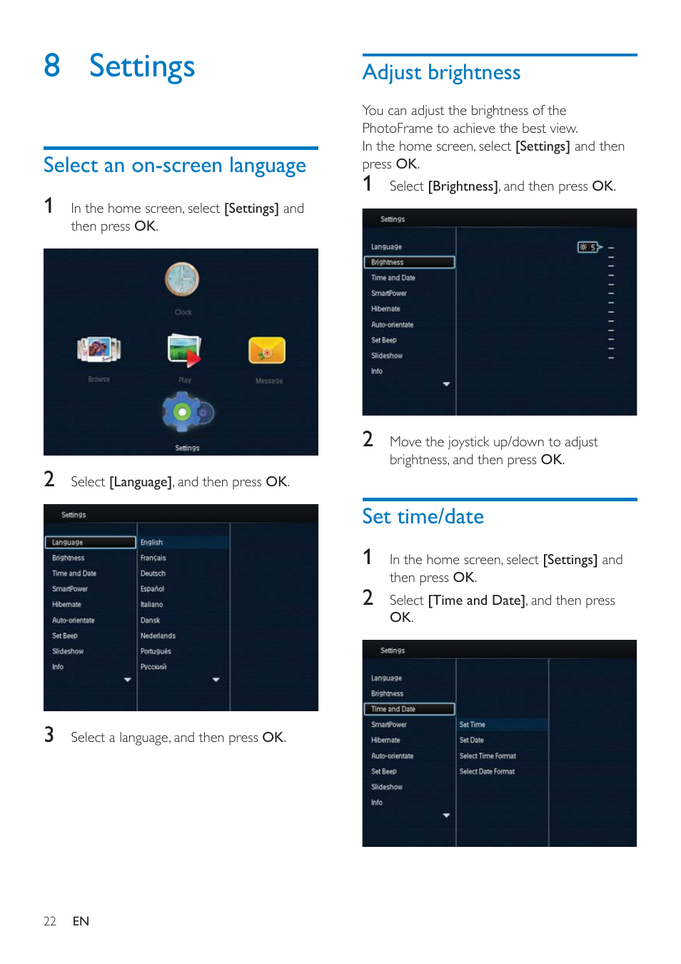 8 settings, Select an on-screen language, Adjust brightness | Set time/date | Philips SPF4608 User Manual | Page 24 / 34