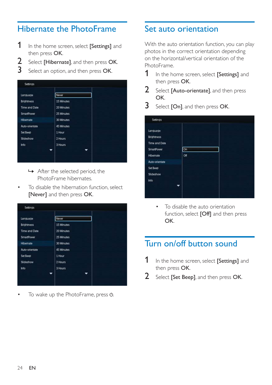 Hibernate the photoframe, Set auto orientation, Turn on/off button sound | Philips SPF4608 User Manual | Page 26 / 34