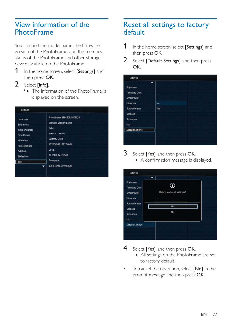 View information of the photoframe, Reset all settings to factory default | Philips SPF4608 User Manual | Page 29 / 34