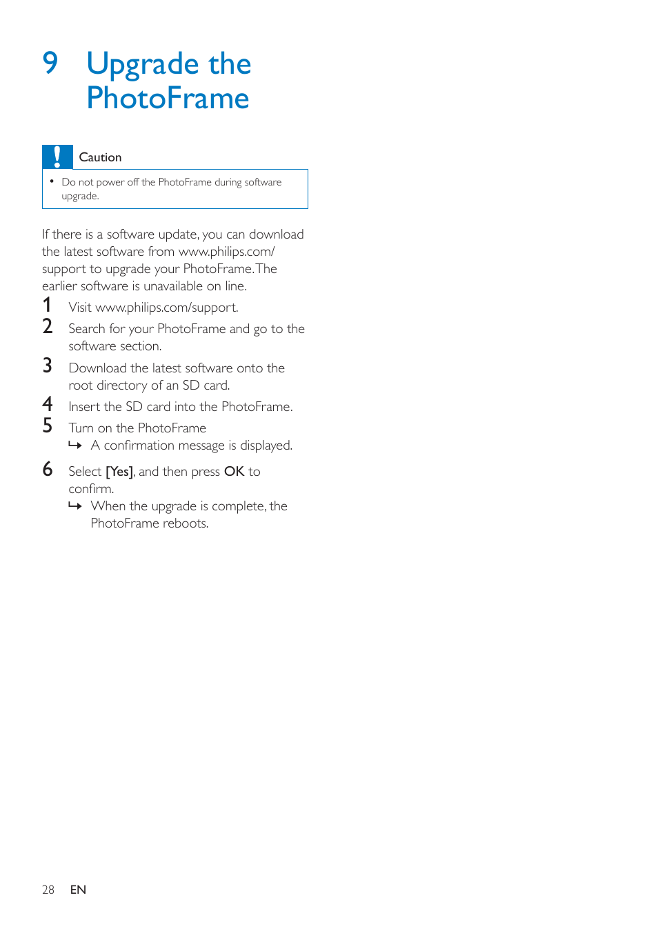 9 upgrade the photoframe | Philips SPF4608 User Manual | Page 30 / 34