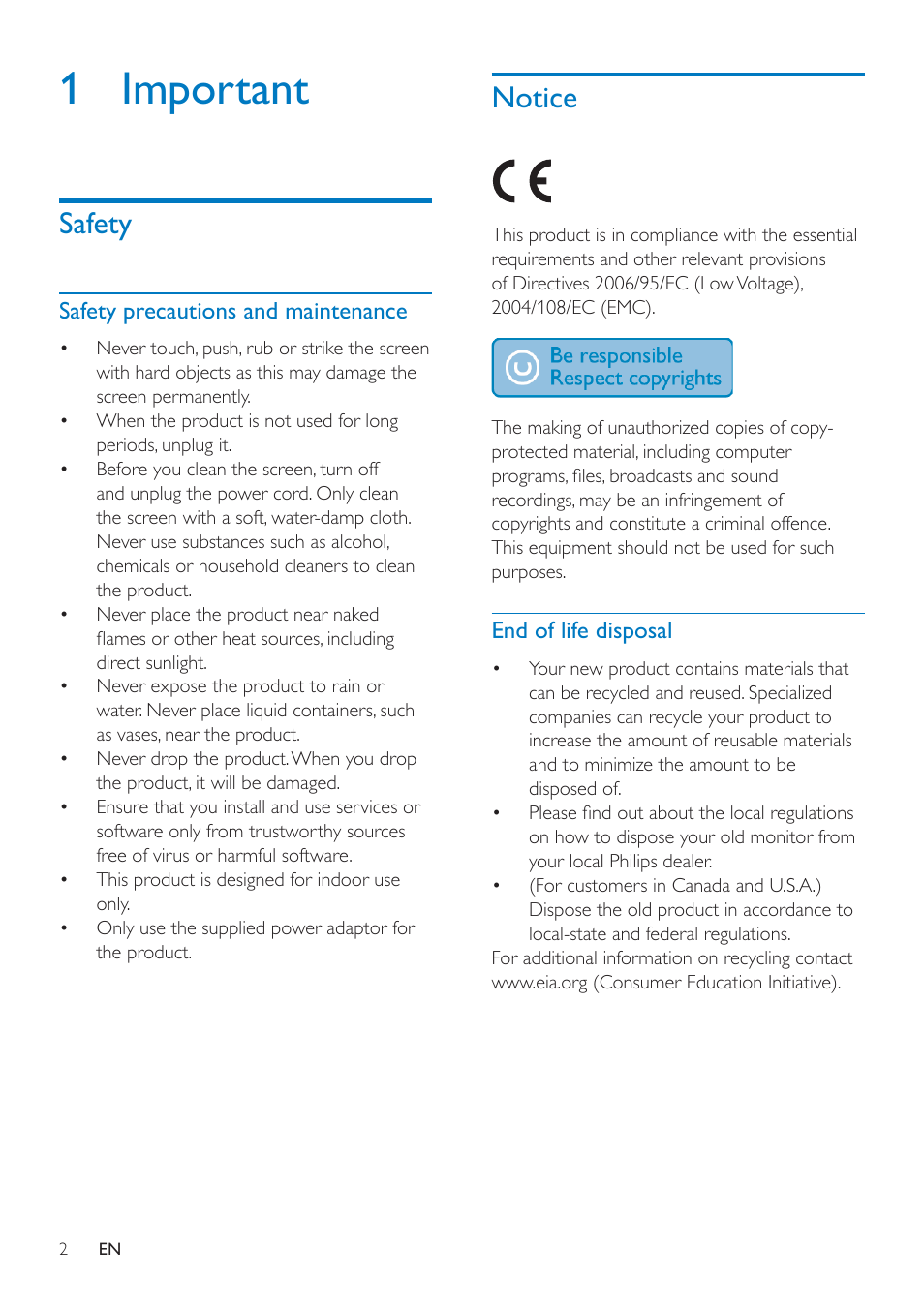 1 important, Safety, Notice | Safety 2 notice 2 | Philips SPF4608 User Manual | Page 4 / 34