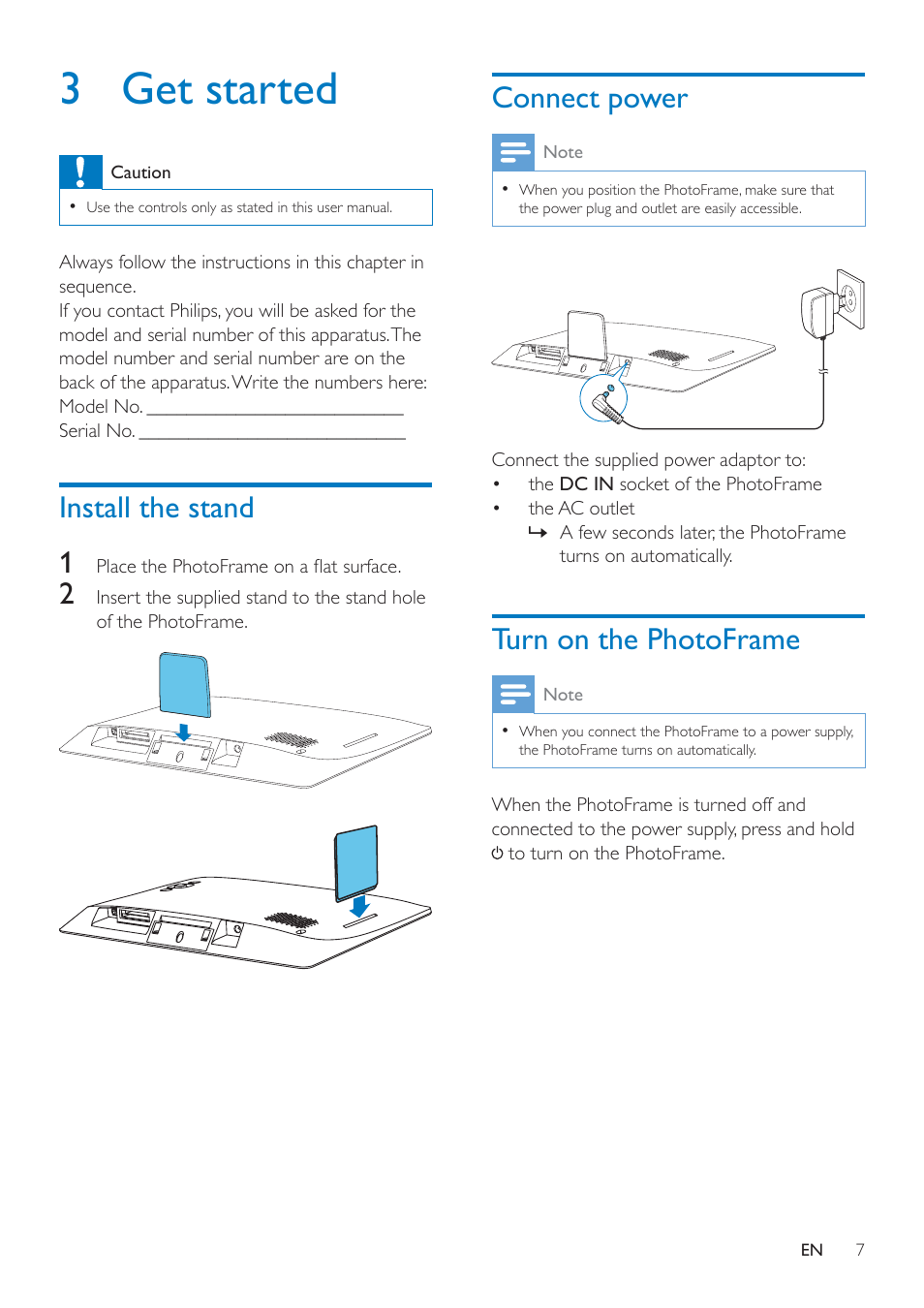 3 get started, Install the stand, Connect power | Turn on the photoframe, 3 get, Started | Philips SPF4608 User Manual | Page 9 / 34