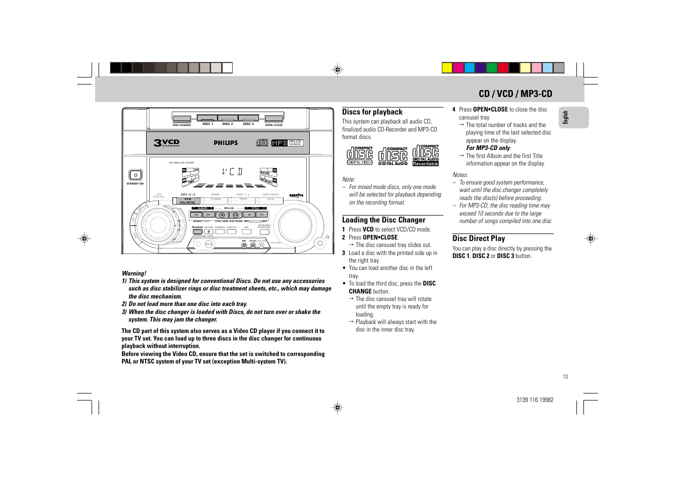 Cd / vcd / mp3-cd, Discs for playback, Loading the disc changer | Disc direct play, English | Philips FW-V39 User Manual | Page 13 / 28