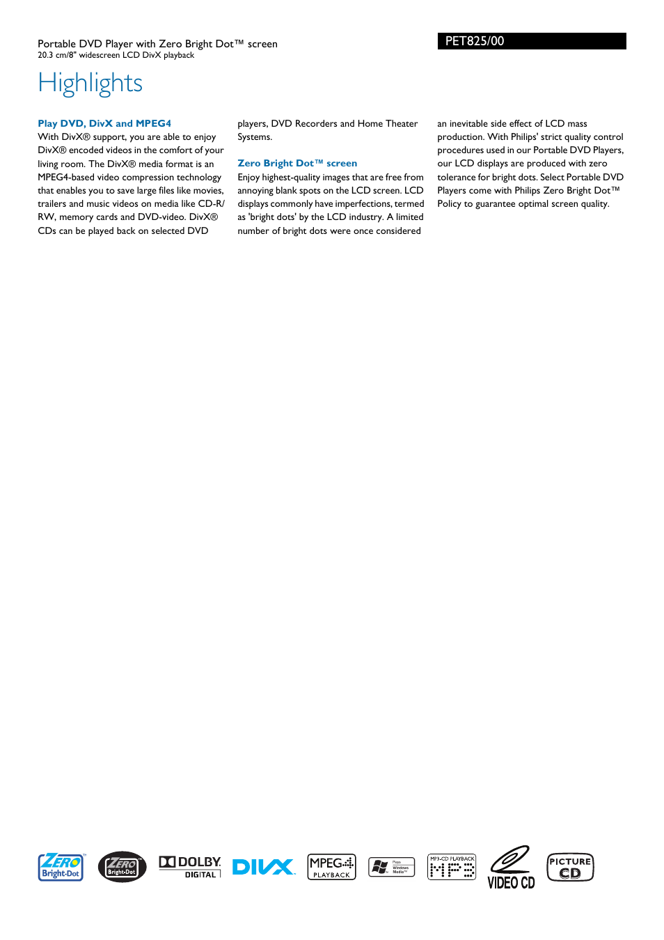 Highlights | Philips PET821 PET825 User Manual | Page 2 / 3