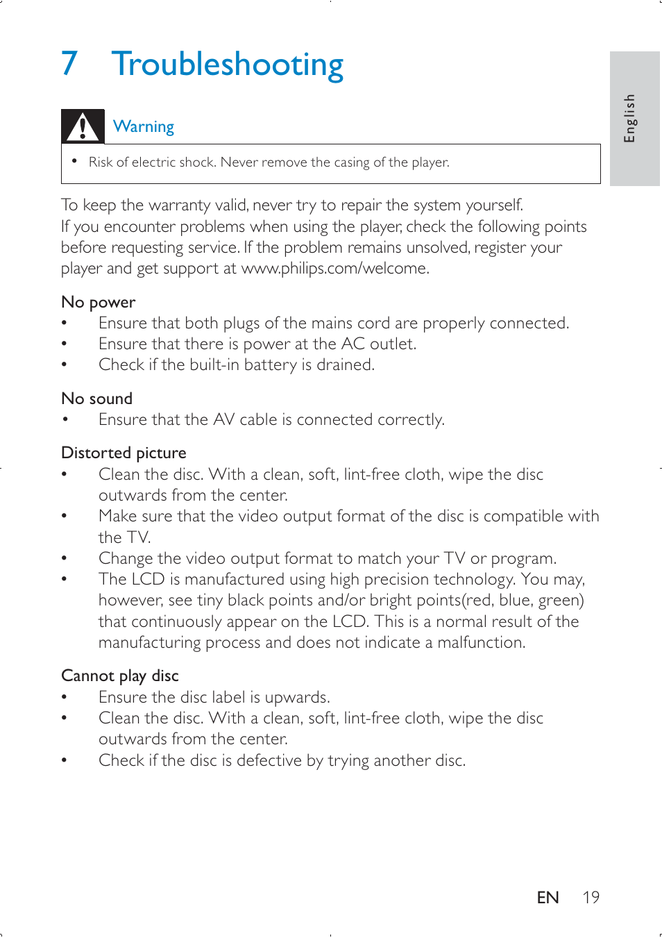 7 troubleshooting | Philips PD709/05 User Manual | Page 19 / 21