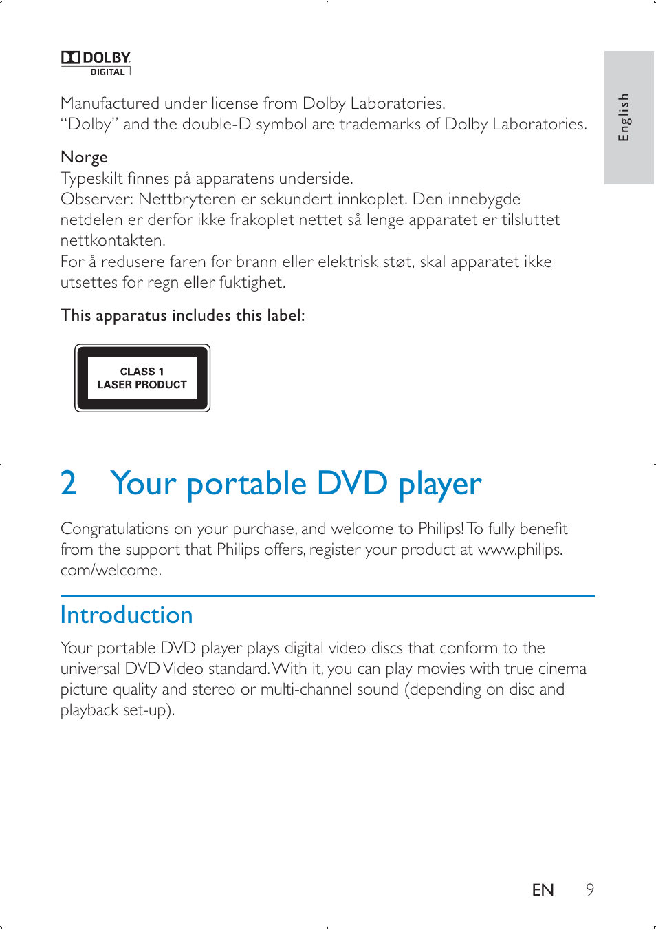 2 your portable dvd player | Philips PD709/05 User Manual | Page 9 / 21