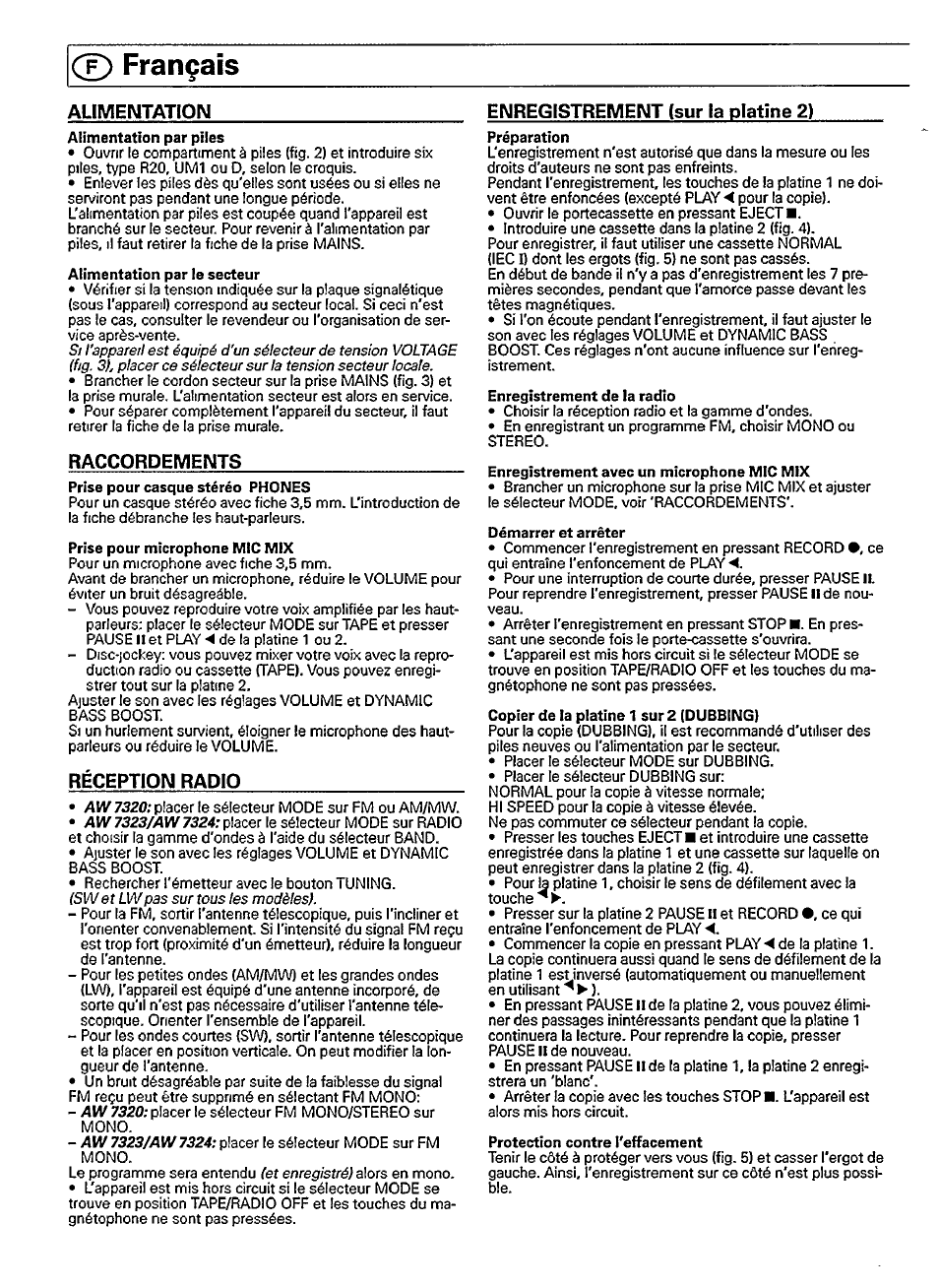 Raccordements, Réception radio, Ce) français | Alimentation enregistrement (sur la olatlne 2) | Philips AW 7323/05 User Manual | Page 4 / 7