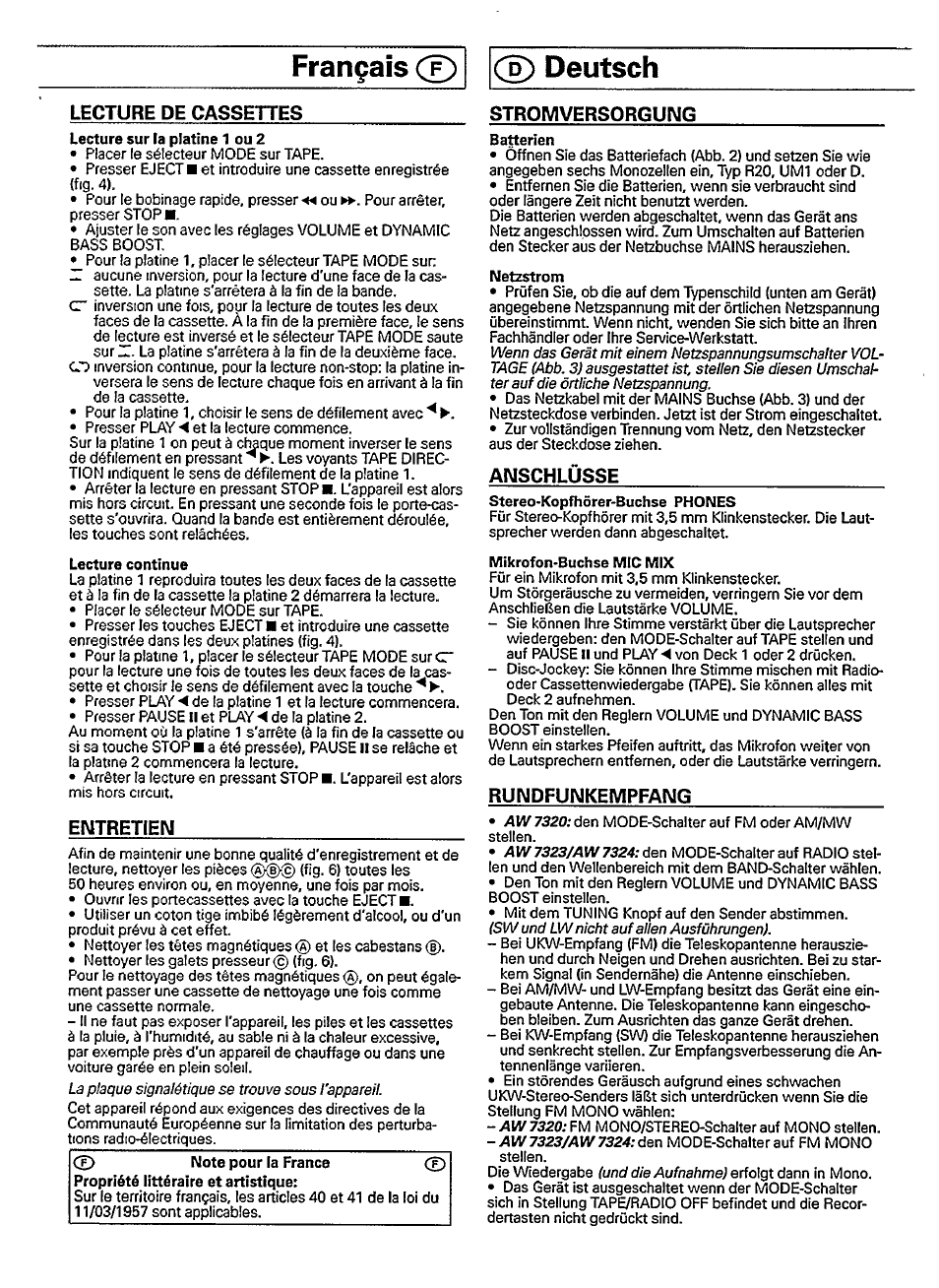 Lecture de cassettes, Entretien, Stromversorgung | Anschlüsse, Rundfunkempfang, Français cd cd deutsch | Philips AW 7323/05 User Manual | Page 6 / 7