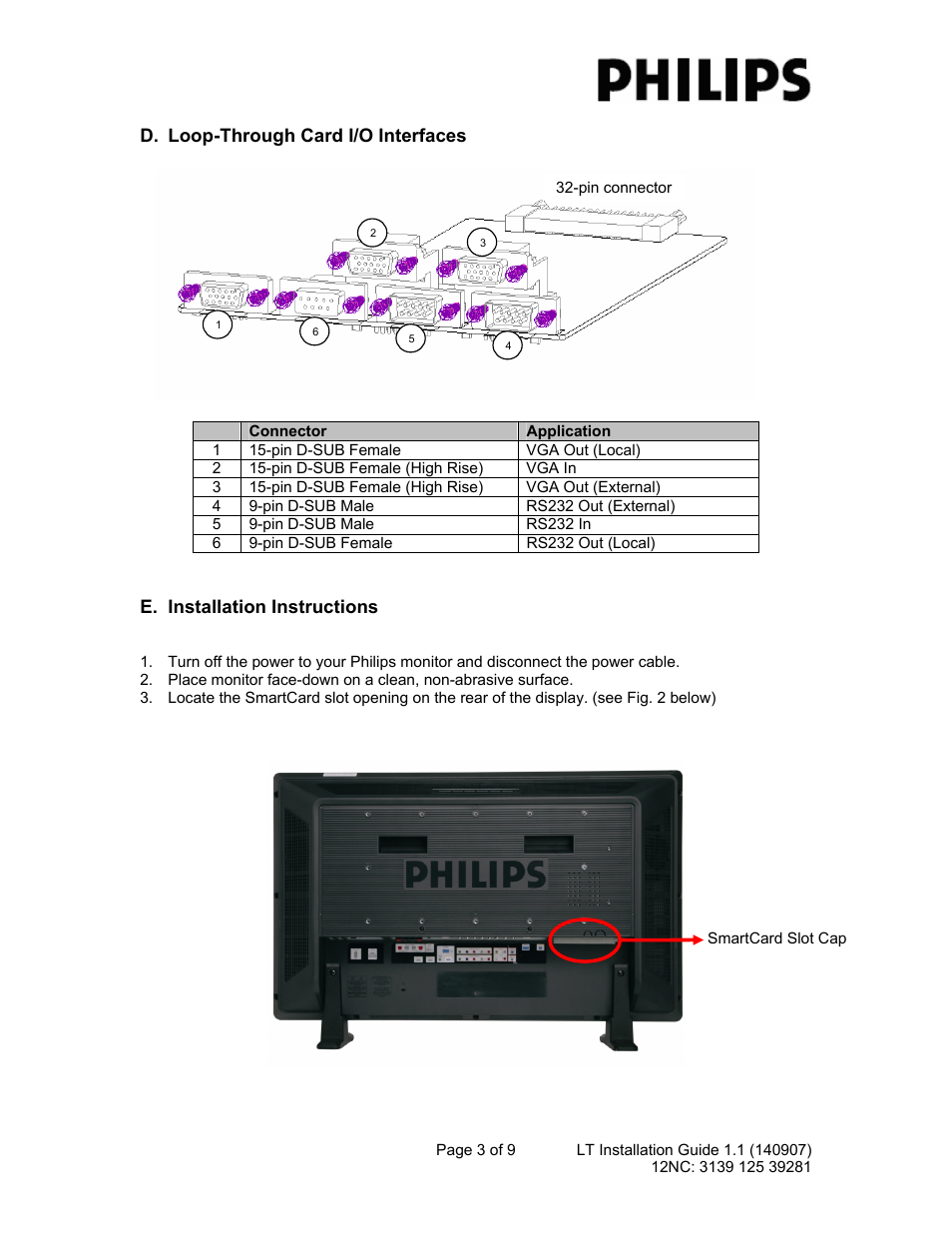 Loop-through card i/o interfaces, Installation instructions | Philips CRA01/00 User Manual | Page 3 / 9