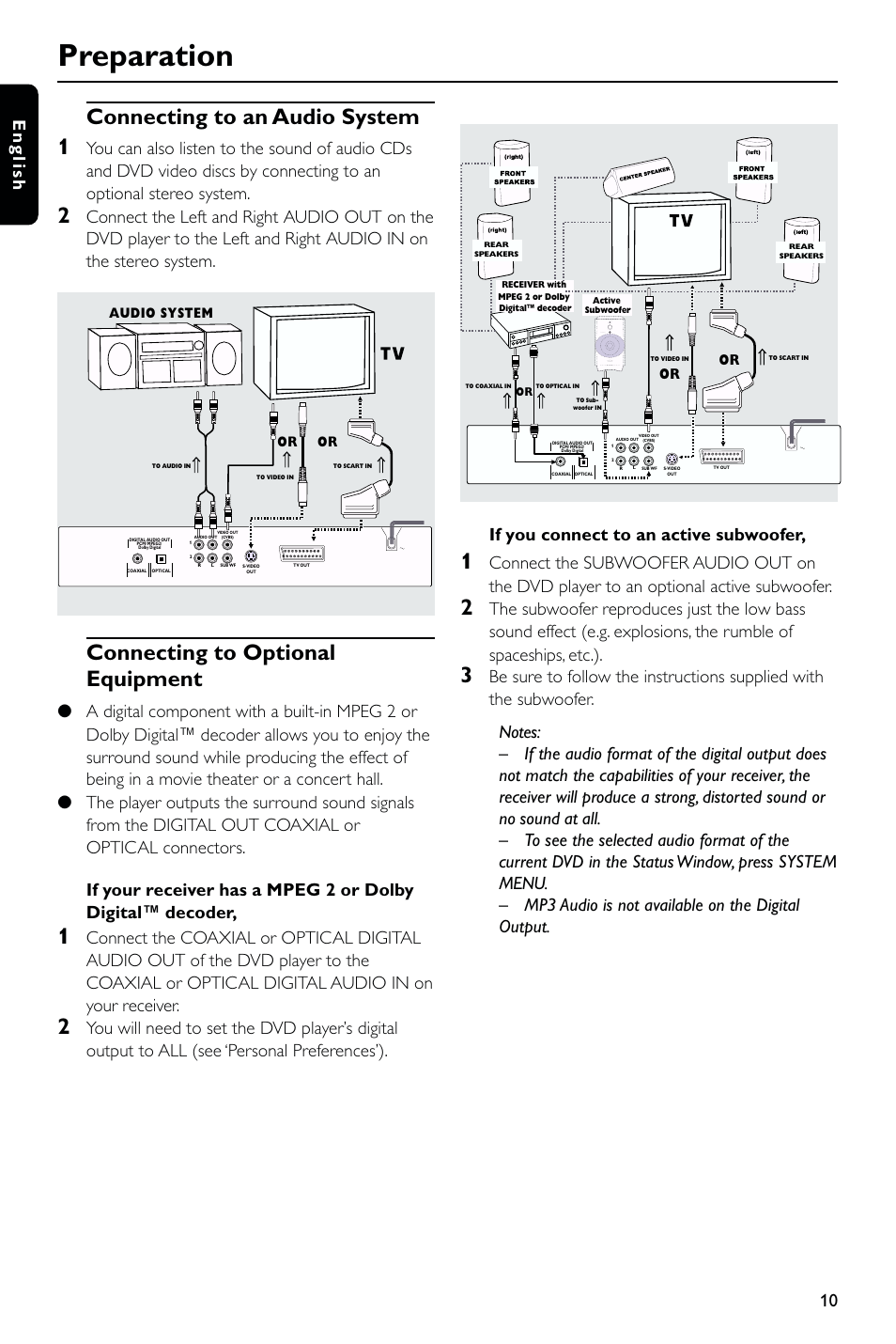Preparation, Connecting to an audio system 1, Connecting to optional equipment | 10 english, If you connect to an active subwoofer | Philips DVD723 User Manual | Page 10 / 26