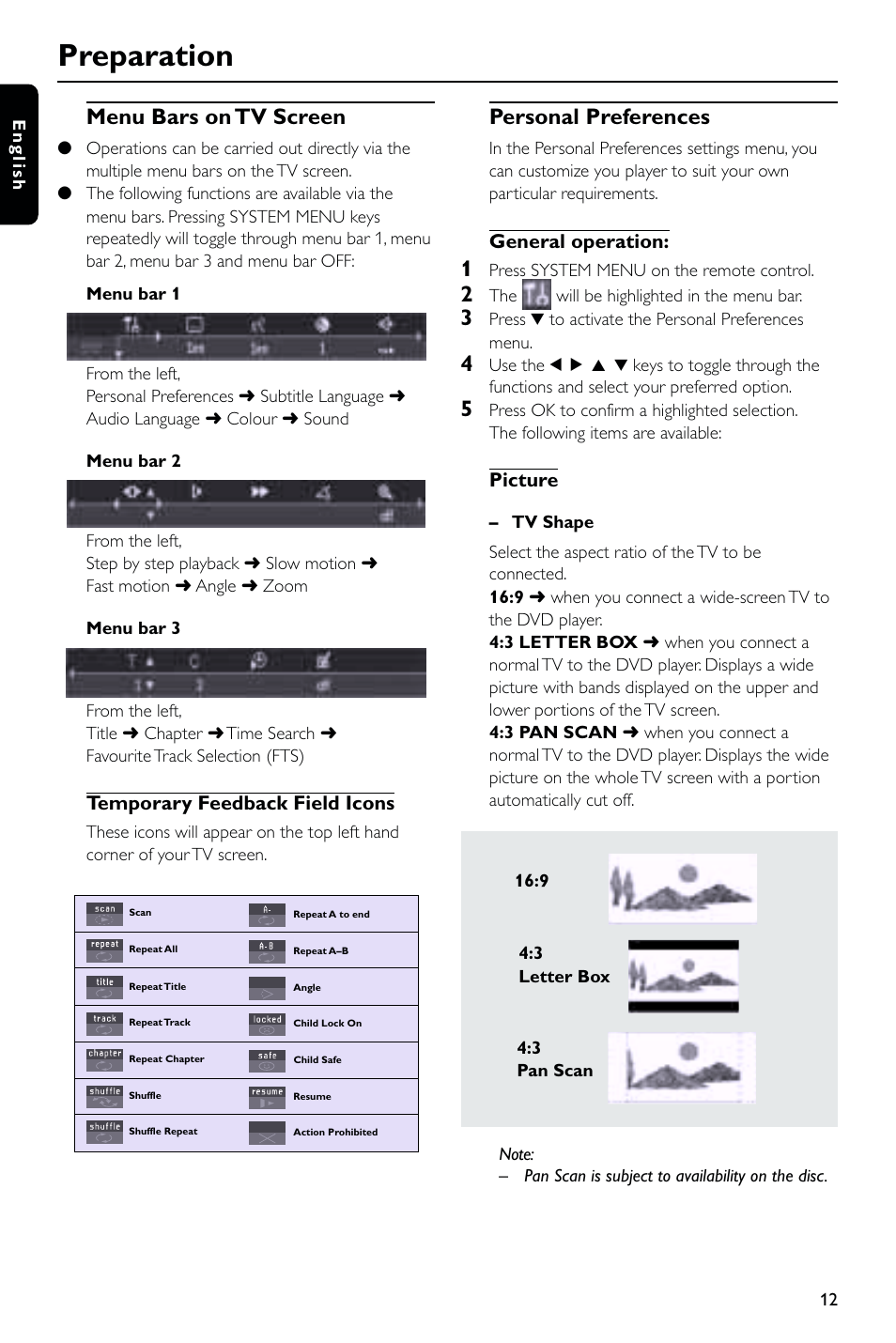 Preparation, Menu bars on tv screen, Personal preferences | Philips DVD723 User Manual | Page 12 / 26