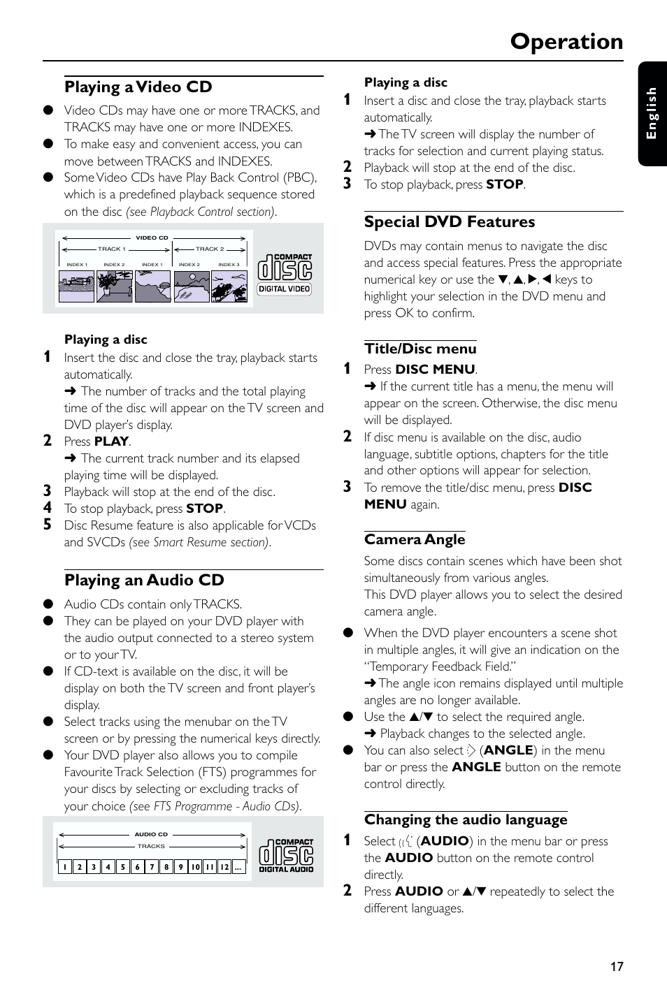 Operation, Playing a video cd, Playing an audio cd | Special dvd features | Philips DVD723 User Manual | Page 17 / 26