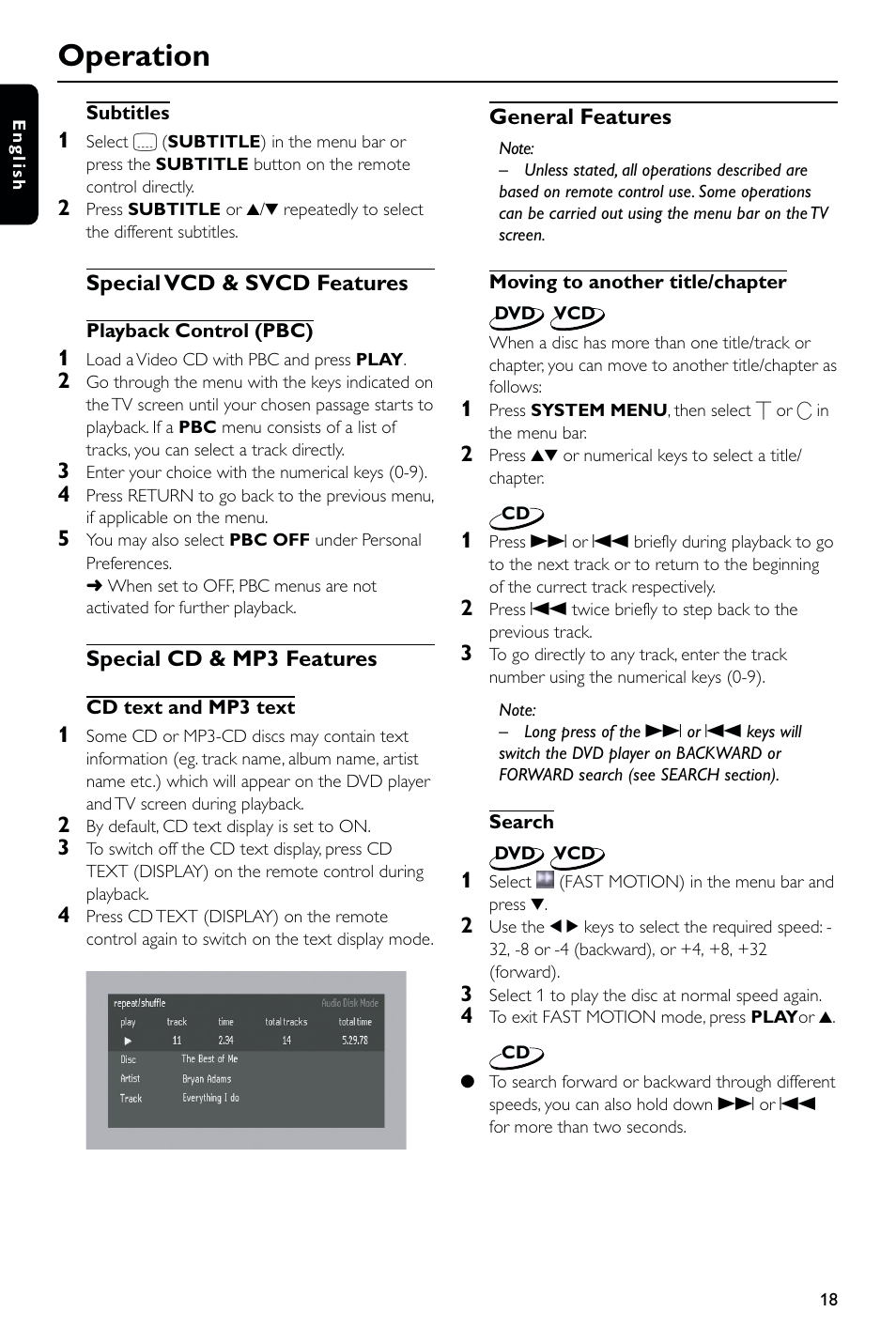Operation | Philips DVD723 User Manual | Page 18 / 26