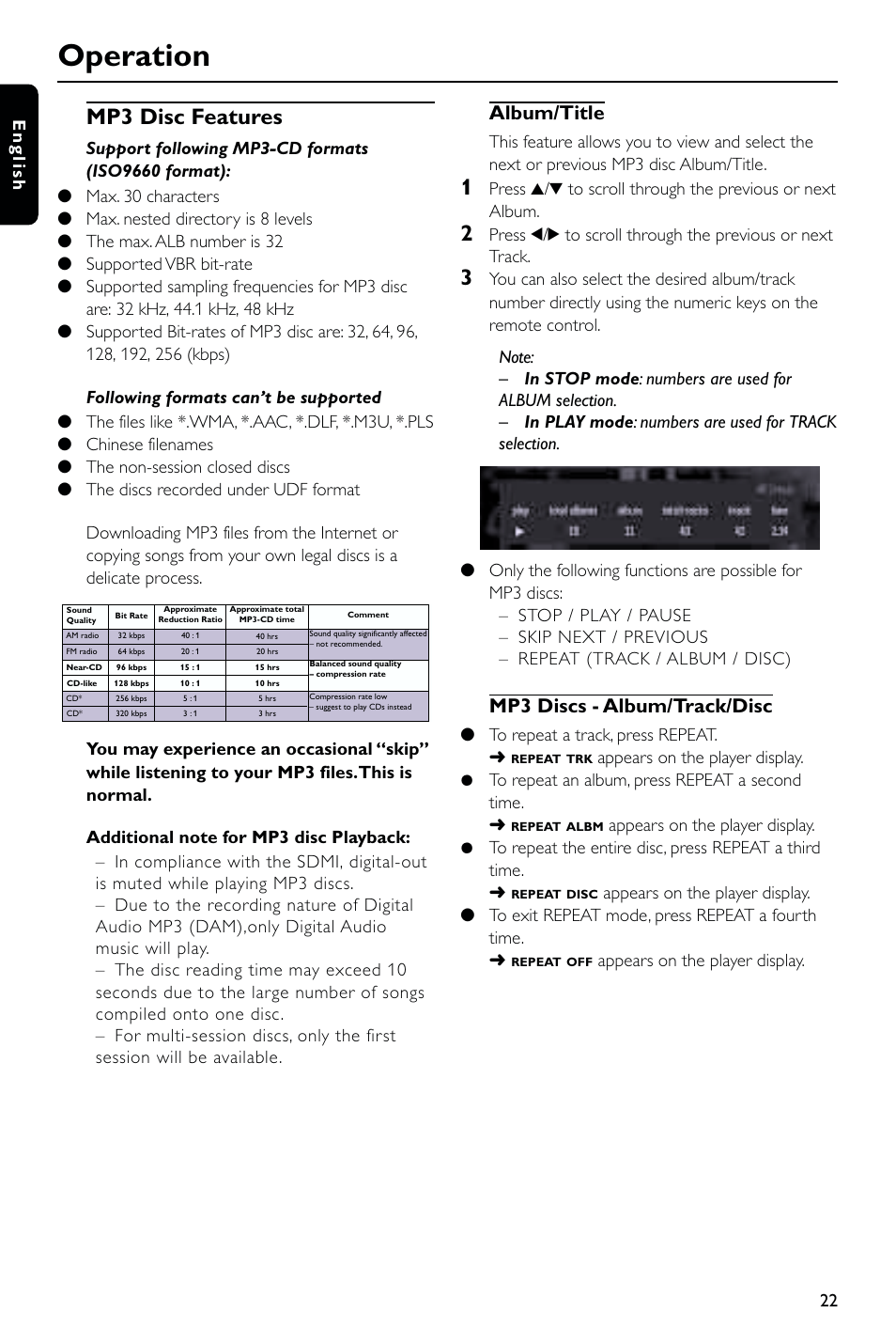 Operation, Mp3 disc features, Album/title | Mp3 discs - album/track/disc, 22 english, Appears on the player display | Philips DVD723 User Manual | Page 22 / 26