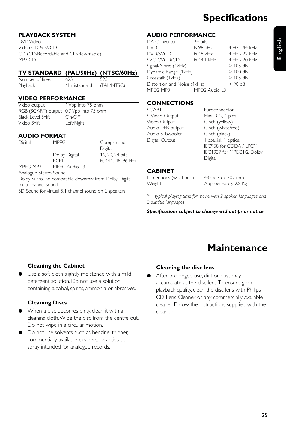 Specifications, Maintenance | Philips DVD723 User Manual | Page 25 / 26