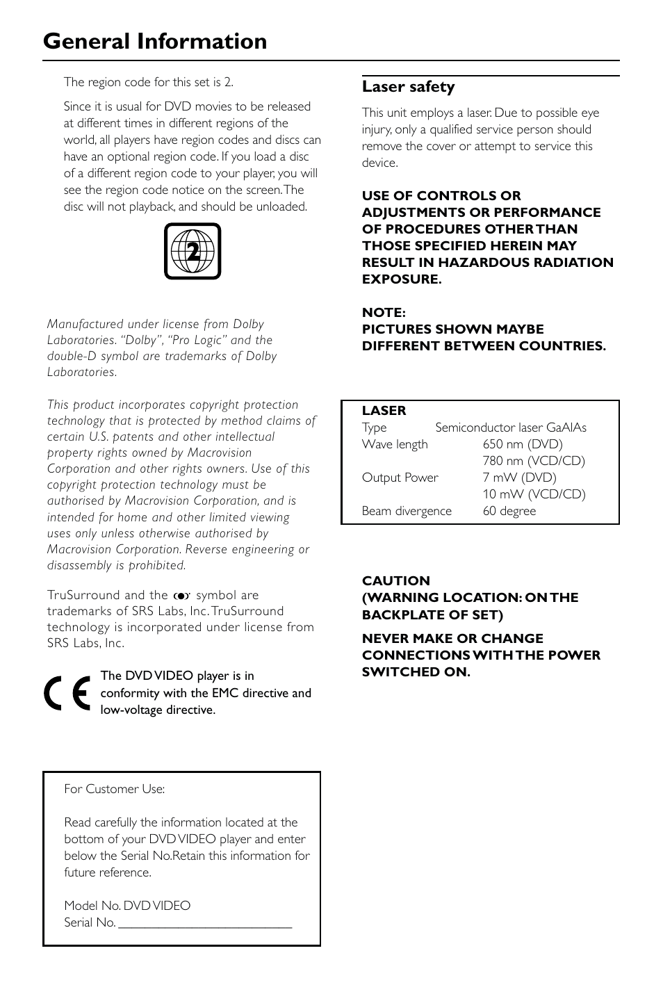 General information, Laser safety | Philips DVD723 User Manual | Page 4 / 26