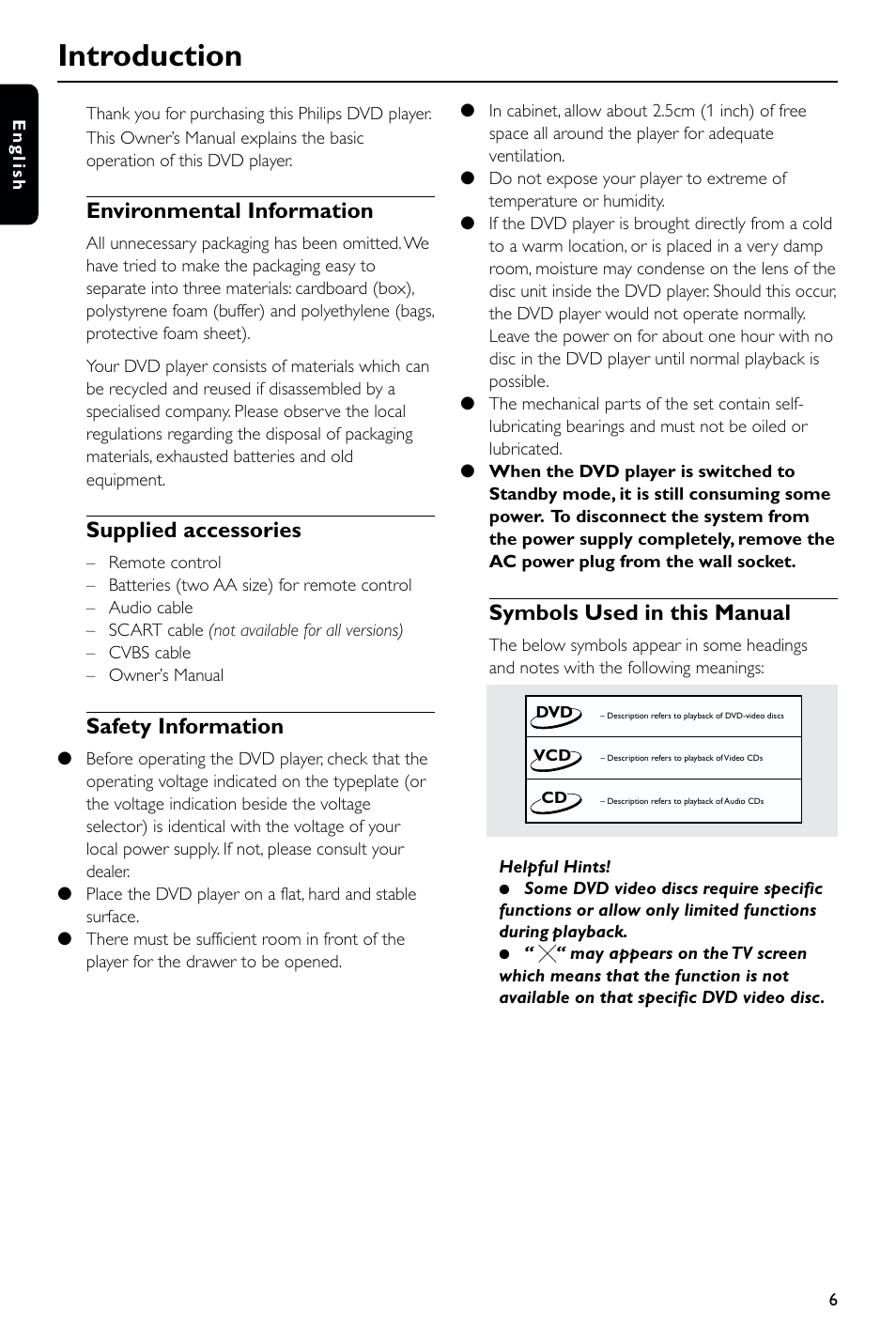 Introduction, Environmental information, Supplied accessories | Safety information, Symbols used in this manual | Philips DVD723 User Manual | Page 6 / 26