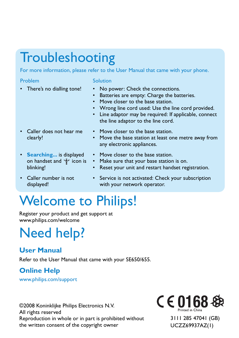 Welcome to philips, Need help, Troubleshooting | Philips SE650 User Manual | Page 6 / 6