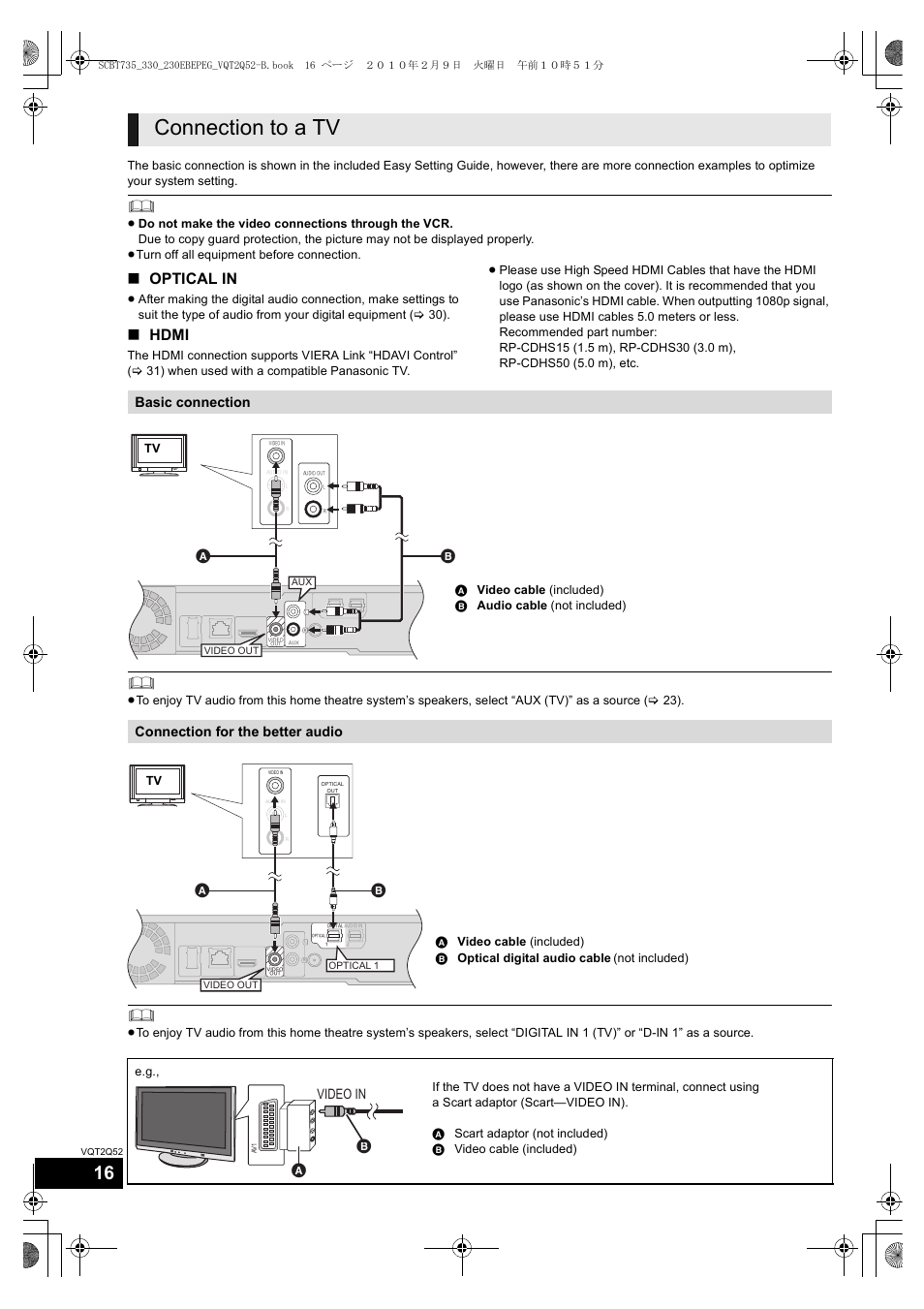 Connection to a tv, Optical in, Hdmi | Basic connection, Connection for the better audio, Video in | Philips SC-BT735 User Manual | Page 16 / 52