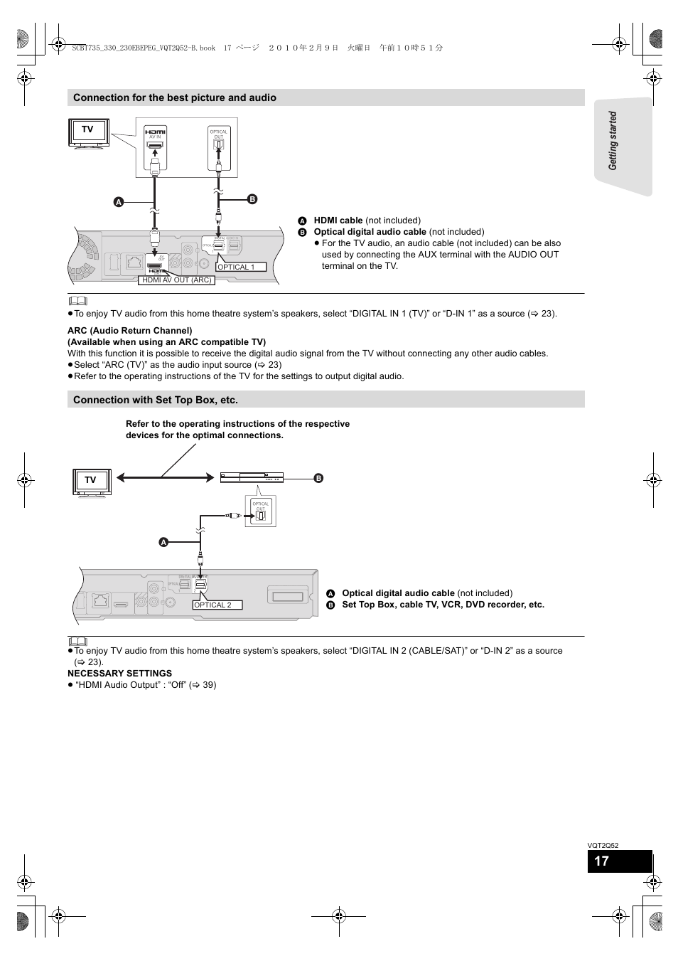 Getting s tar te d, Connection for the best picture and audio, Connection with set top box, etc | Philips SC-BT735 User Manual | Page 17 / 52