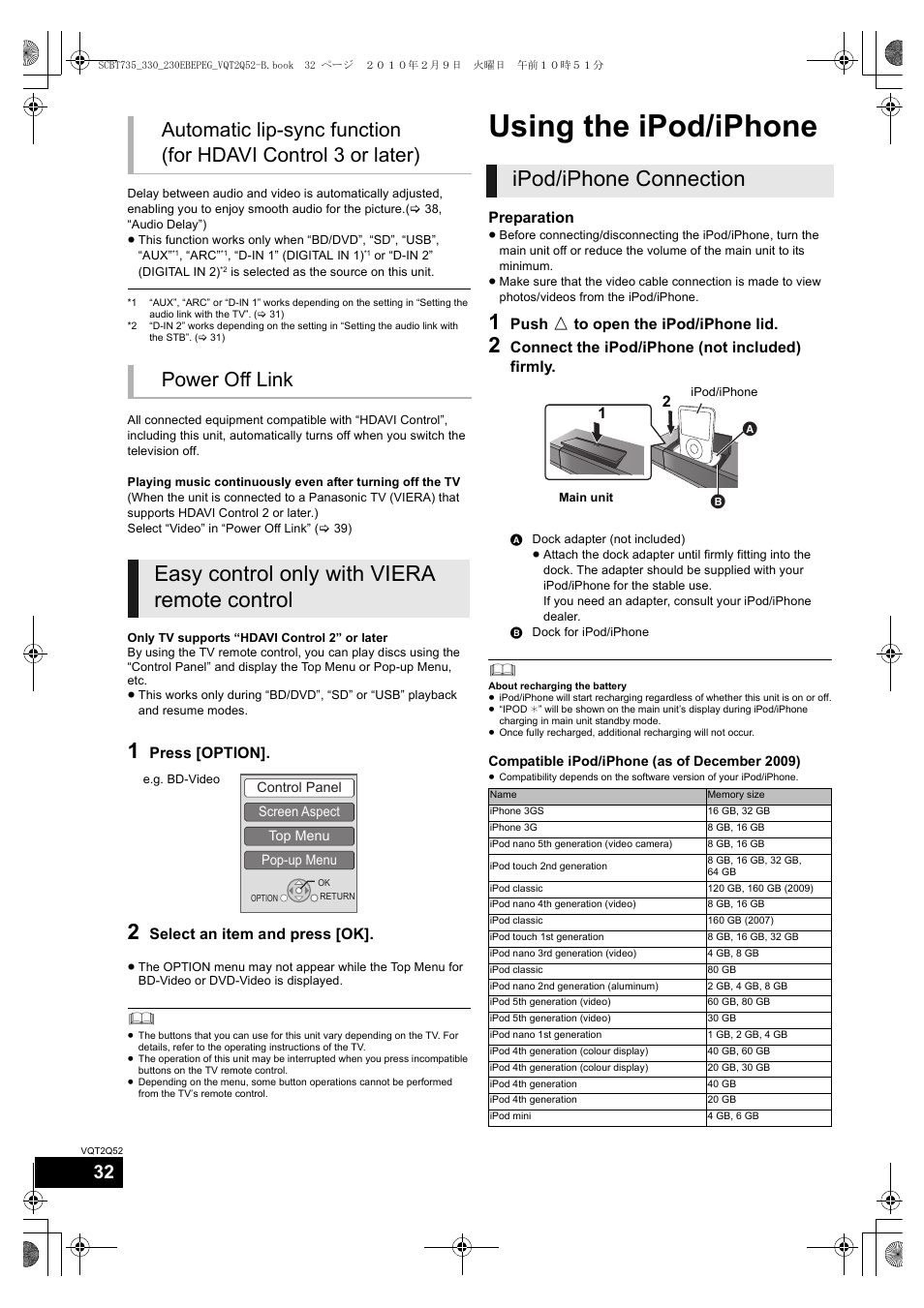 Using the ipod/iphone, Easy control only with viera remote control, Ipod/iphone connection | Philips SC-BT735 User Manual | Page 32 / 52