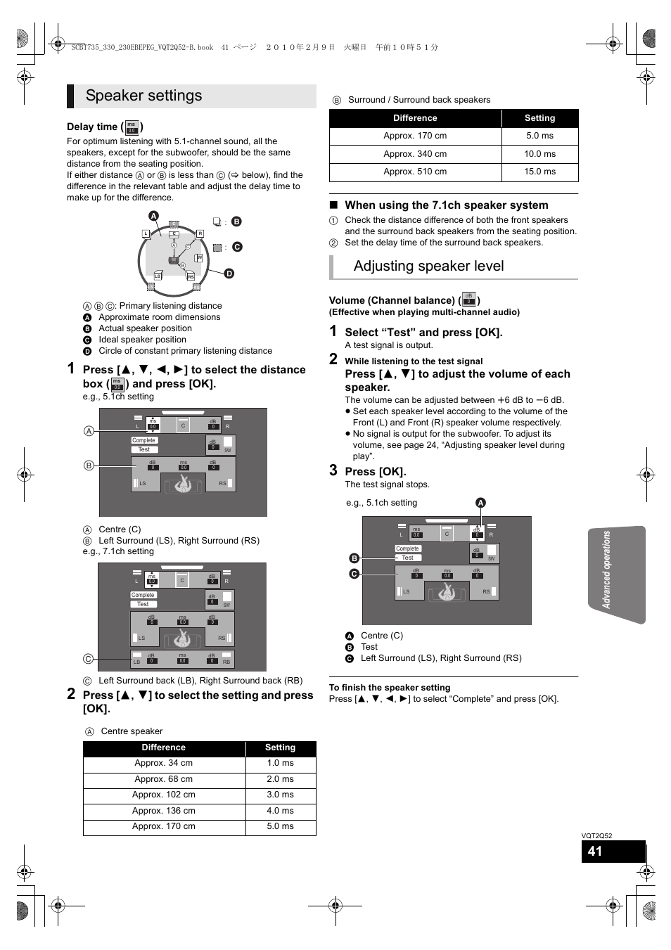 Speaker settings, Adjusting speaker level, Select “test” and press [ok | Press [ok, Ab c d, Advanced operations, Delay time, Volume (channel balance) ( ) | Philips SC-BT735 User Manual | Page 41 / 52