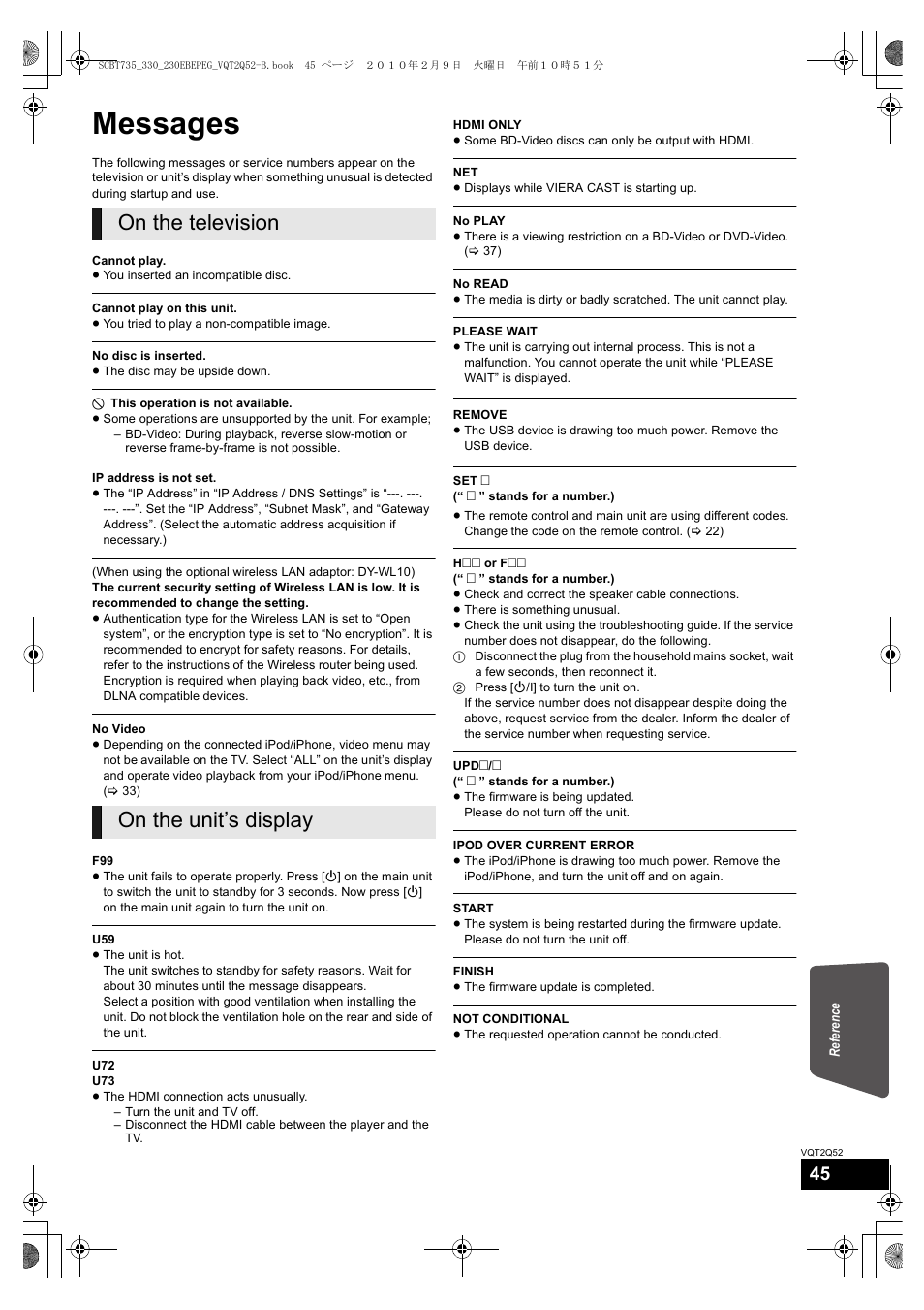 Messages, On the television on the unit’s display | Philips SC-BT735 User Manual | Page 45 / 52