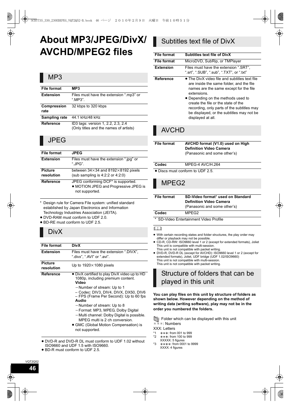 About mp3/jpeg/divx/ avchd/mpeg2 files, Jpeg, Divx | Subtitles text file of divx, Avchd, Mpeg2 | Philips SC-BT735 User Manual | Page 46 / 52
