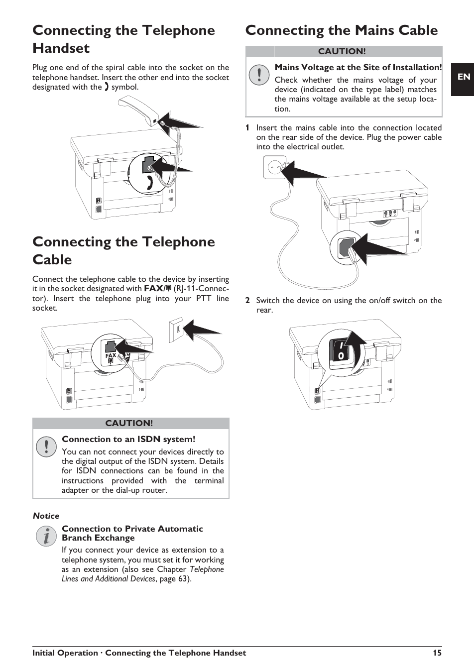 Connecting the telephone handset, Connecting the telephone cable, Connecting the mains cable | Philips SFF 6135D User Manual | Page 15 / 88