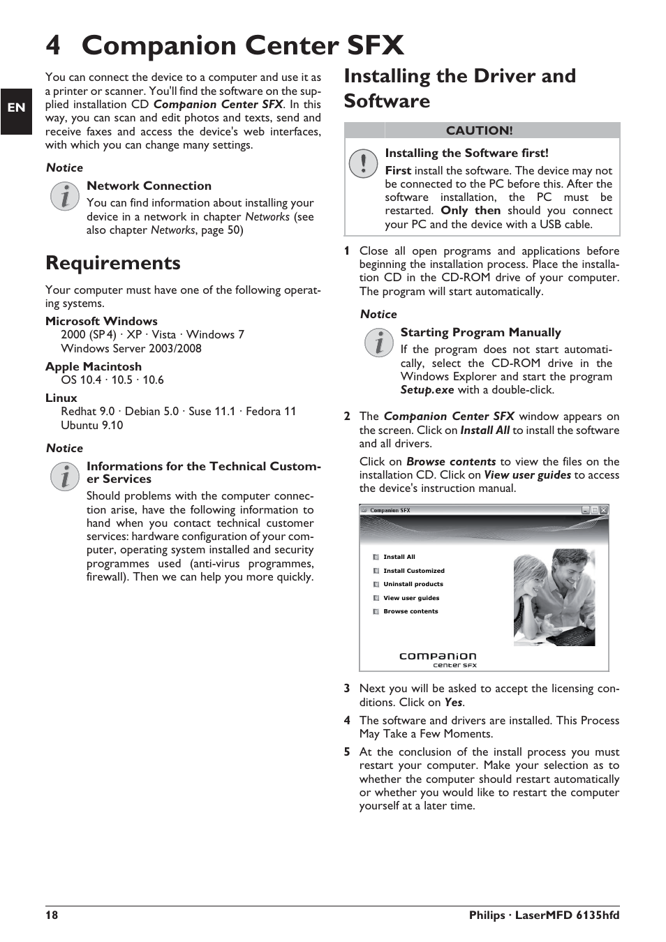 4 companion center sfx, Requirements, Installing the driver and software | Philips SFF 6135D User Manual | Page 18 / 88