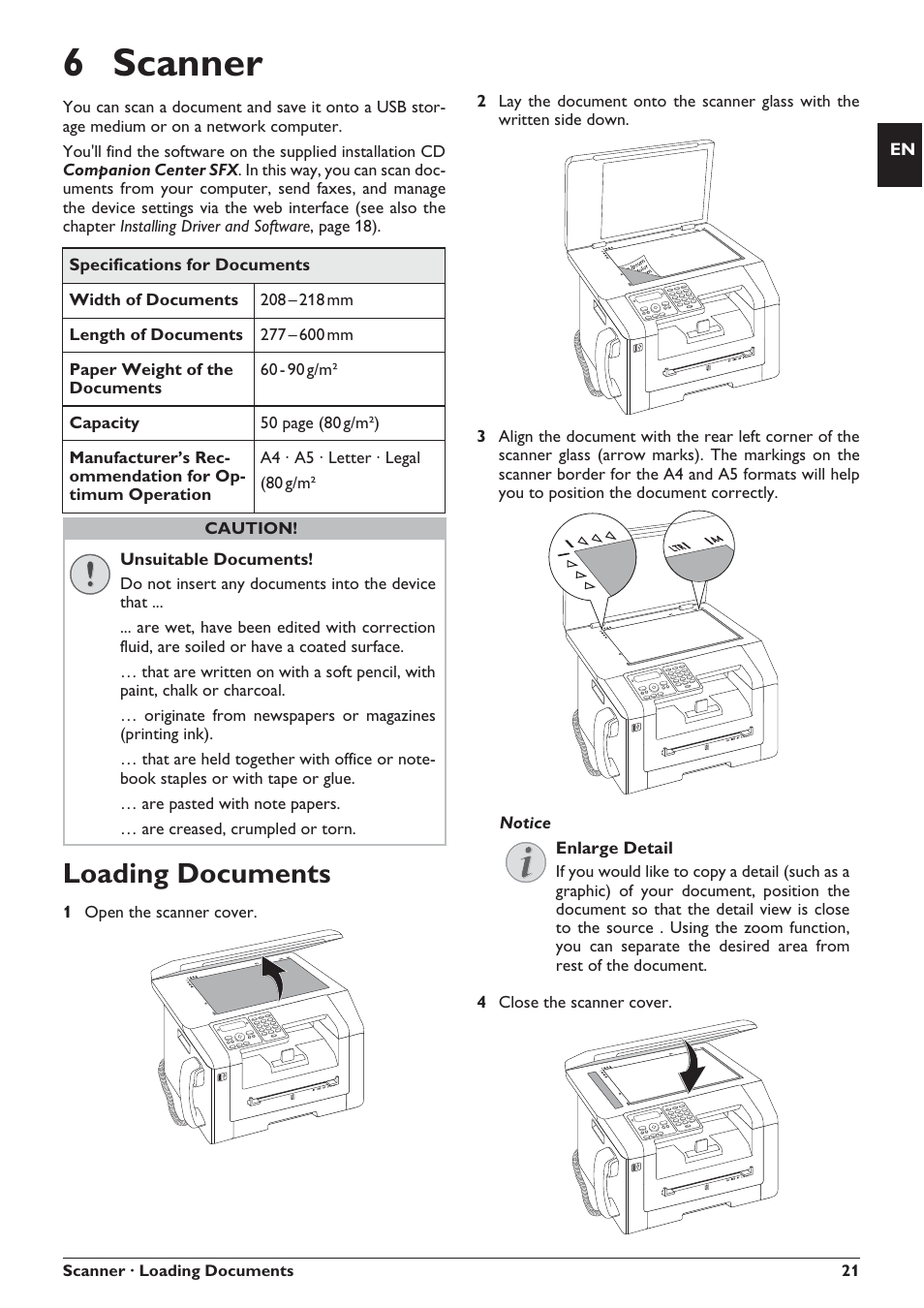 6 scanner, Loading documents | Philips SFF 6135D User Manual | Page 21 / 88