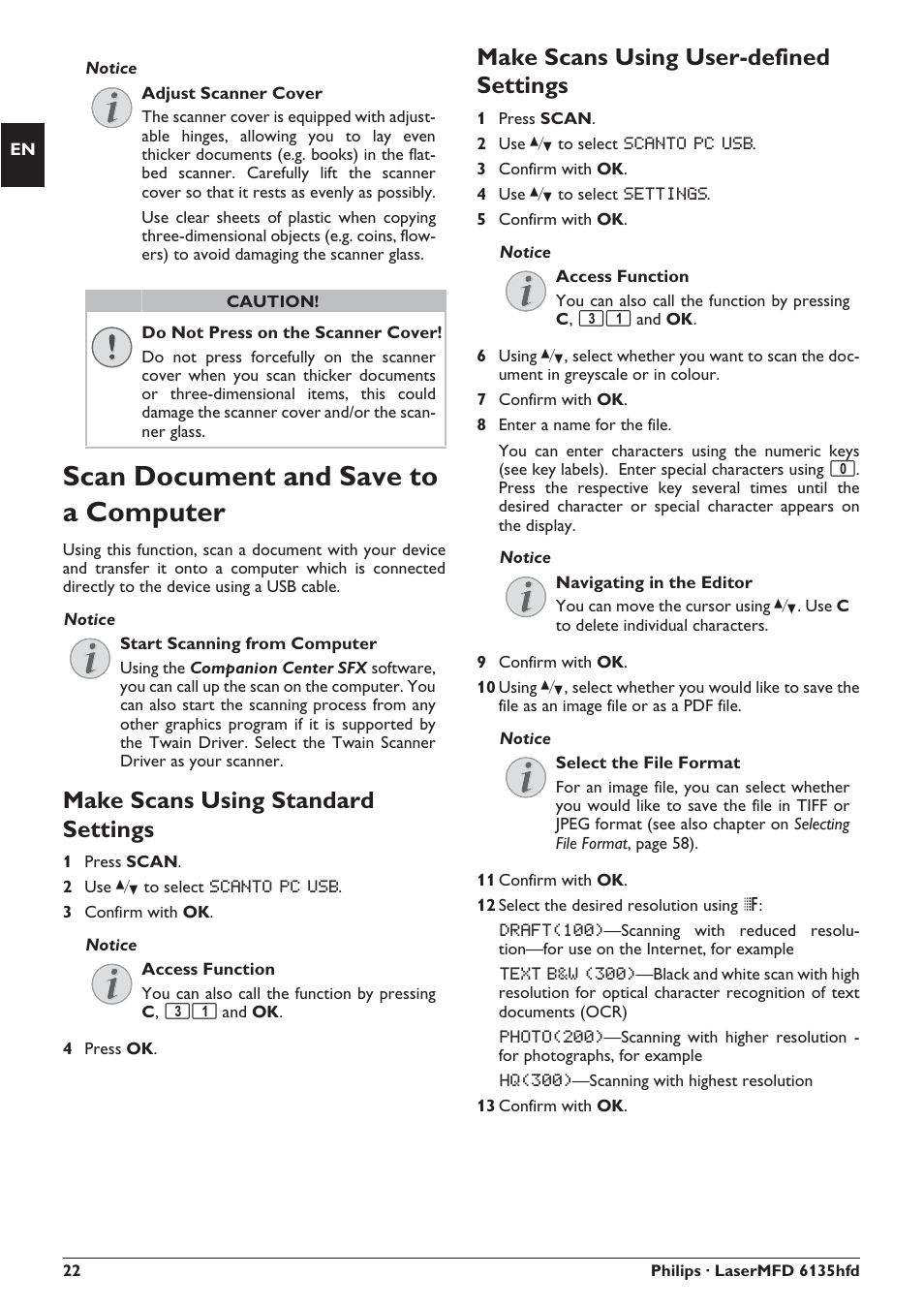 Scan document and save to a computer, Make scans using standard settings, Make scans using user-defined settings | Philips SFF 6135D User Manual | Page 22 / 88