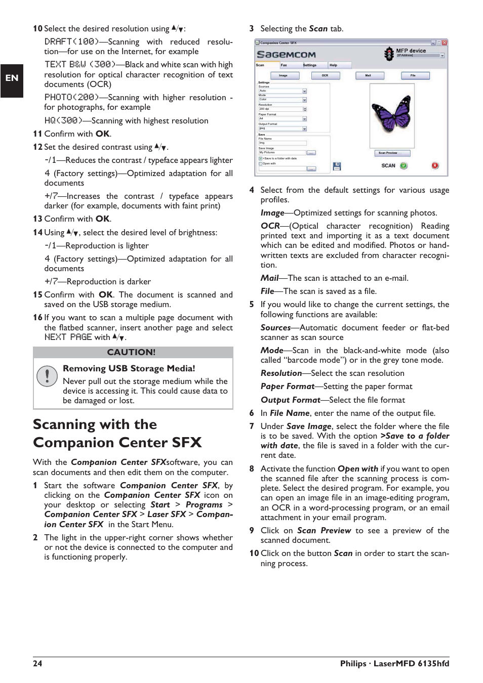 Scanning with the companion center sfx, Draft(100), Text b&w (300) | Photo(200), Hq(300), Next page, Removing usb storage media | Philips SFF 6135D User Manual | Page 24 / 88