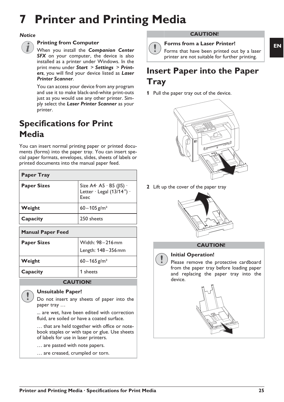 7 printer and printing media, Specifications for print media, Insert paper into the paper tray | Philips SFF 6135D User Manual | Page 25 / 88